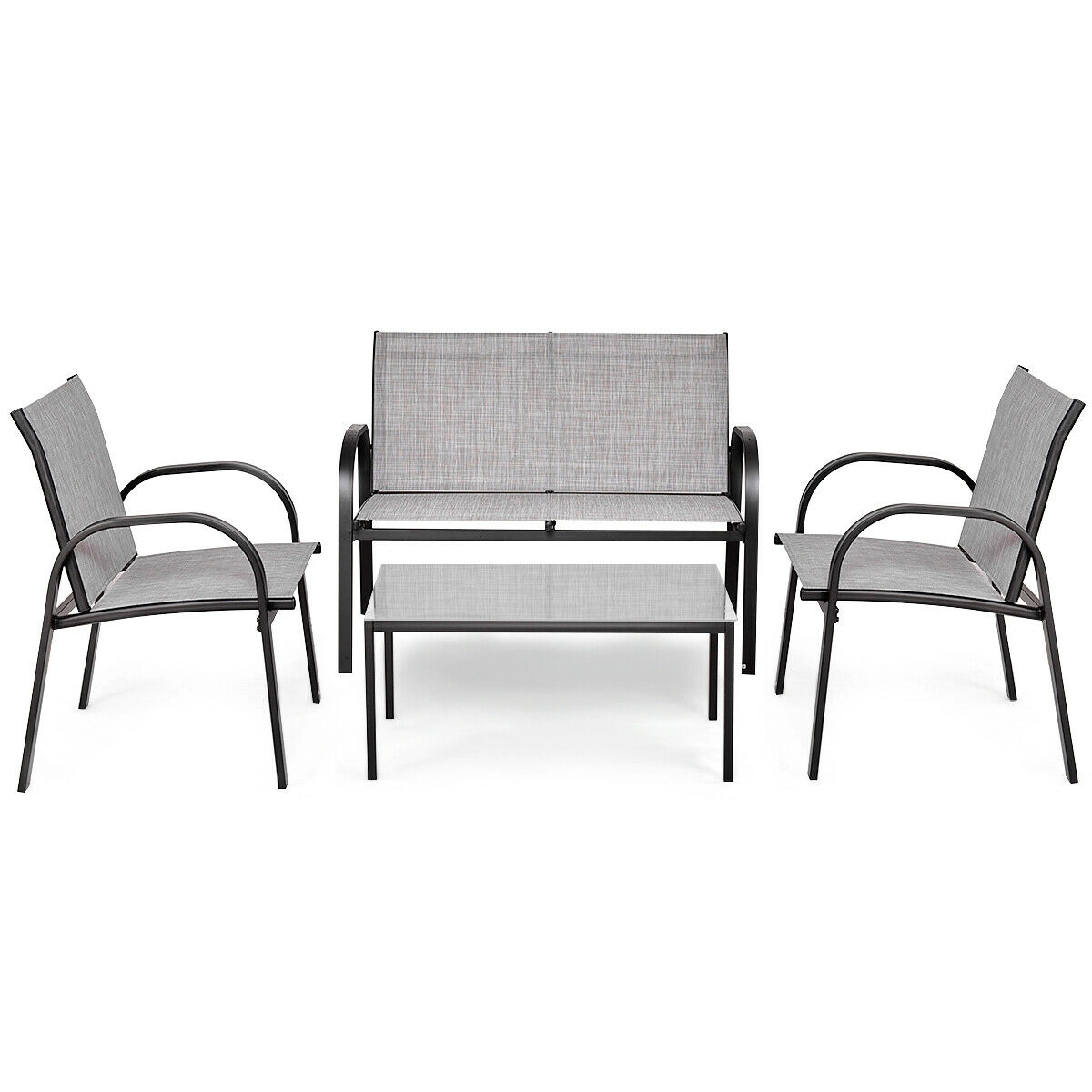 SUGIFT Gray Loveseat 2 Sofas and Glass Top Coffee Table 4-Piece Patio Furniture Set