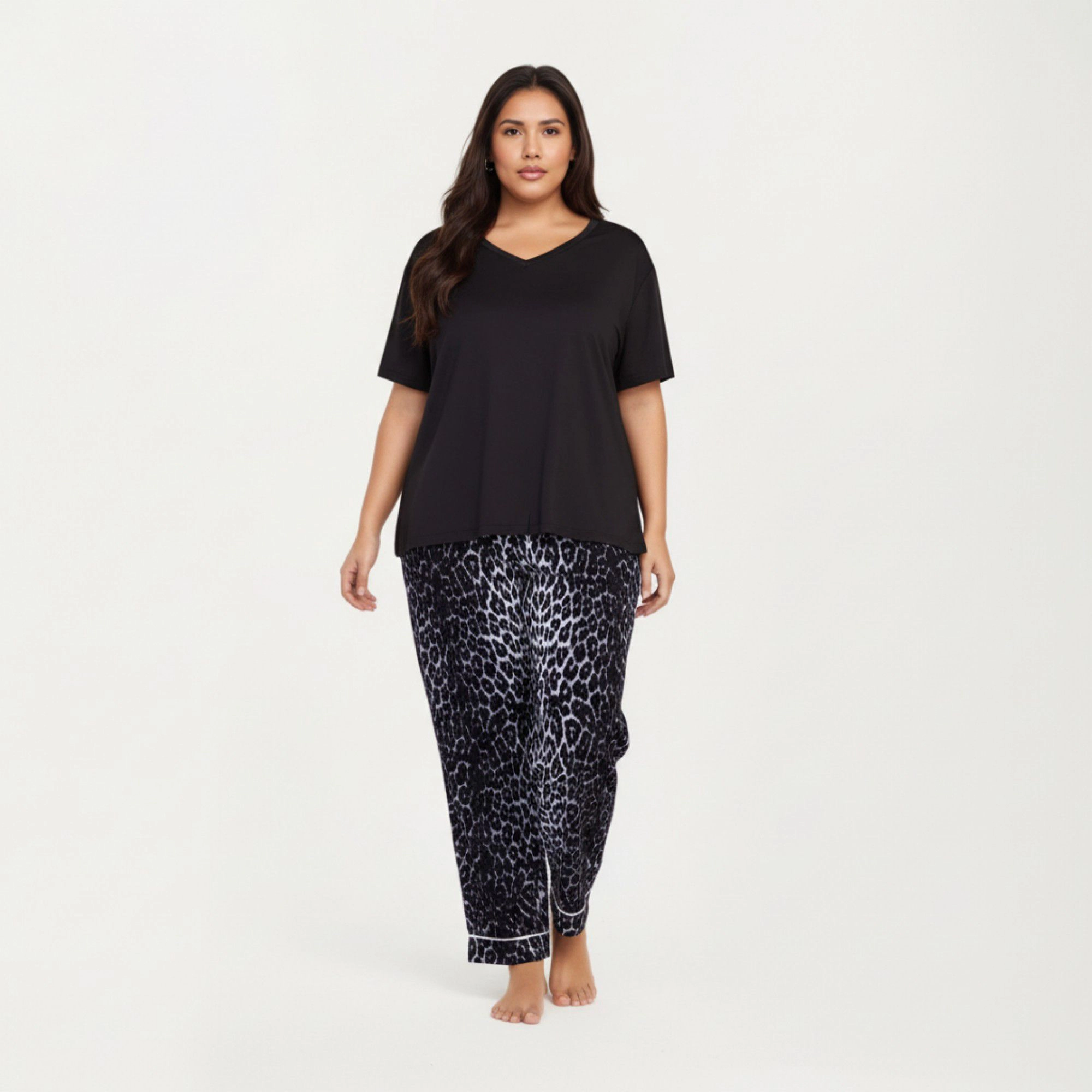 Anna-Kaci Women's 2-Piece V-Neck Short Sleeve Top and Leopard Print Pajama Pants with Soft Stretch Fabric