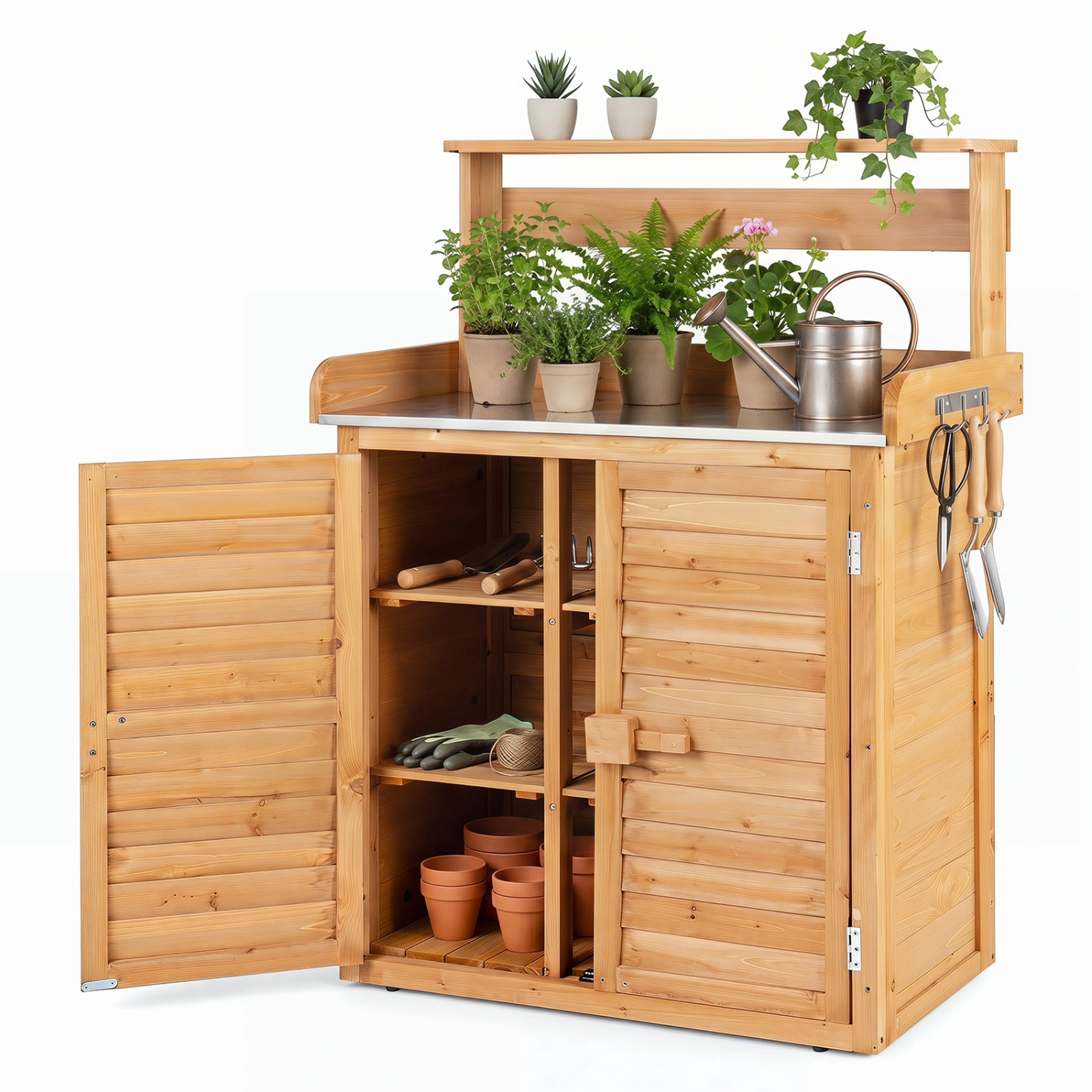 SUGIFT Wood Plant Workstation with Stainless Steel Tabletop and Removable Shelves 110-lb Tabletop Capacity Gray/Yellow
