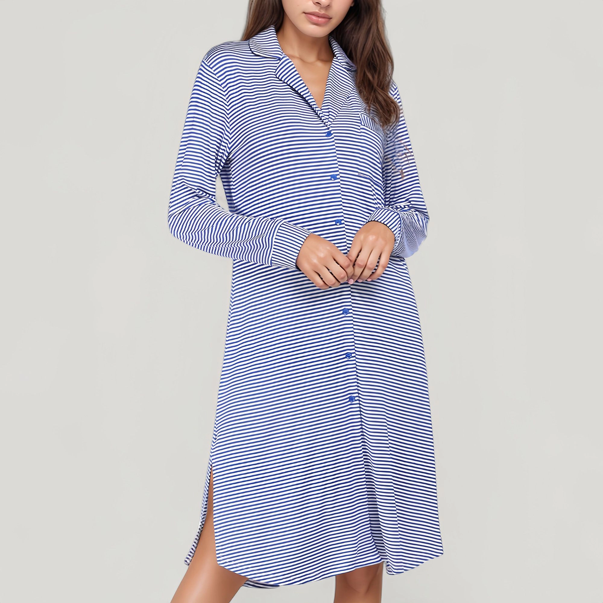 Anna-Kaci Women's Woven Stripe Long Sleeve Button Down Sleep Shirt with Lapel Collar and Curved Hem