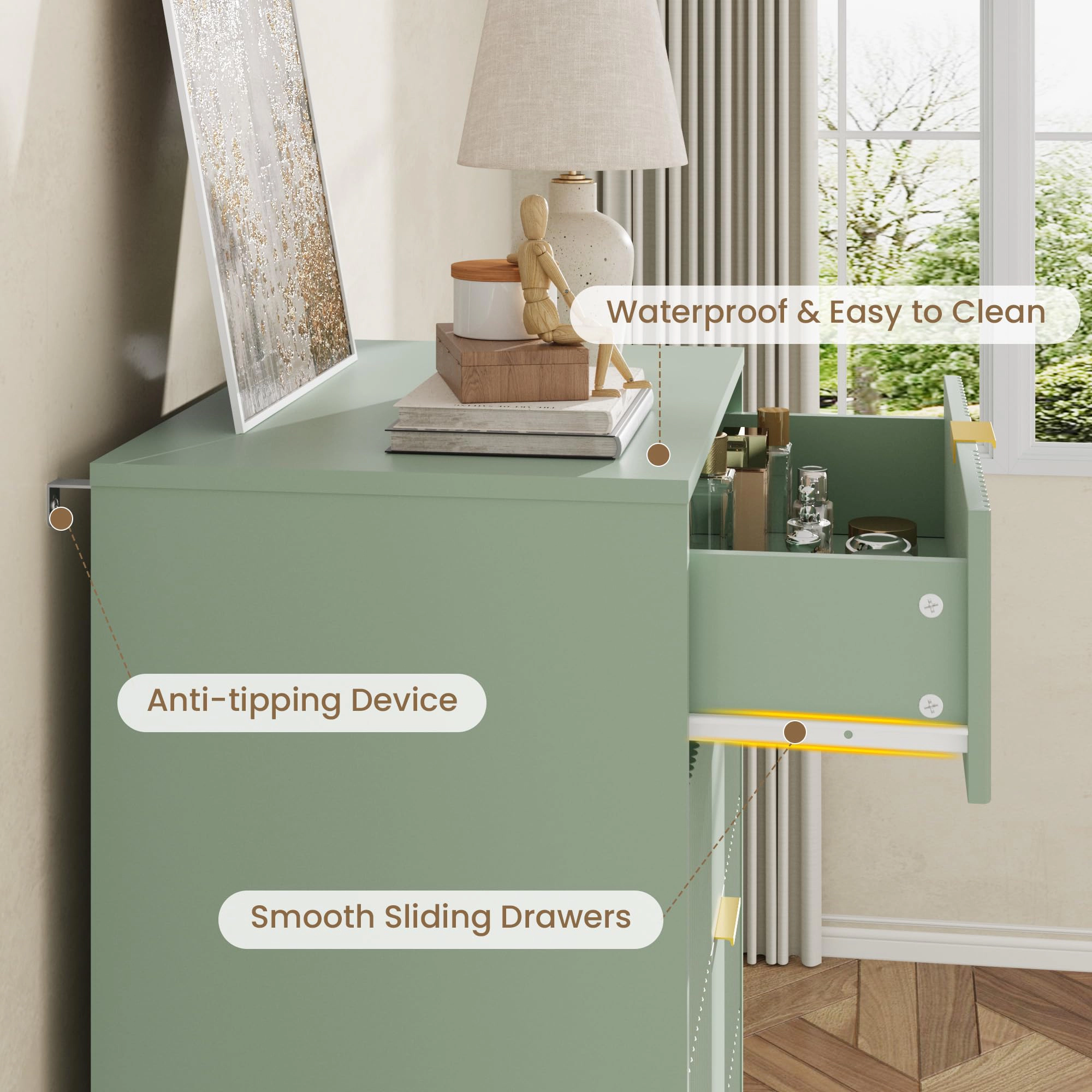 44.3" Tall Fluted 5 Drawer Dresser with Metal Handles, Modern Wood Storage Chest