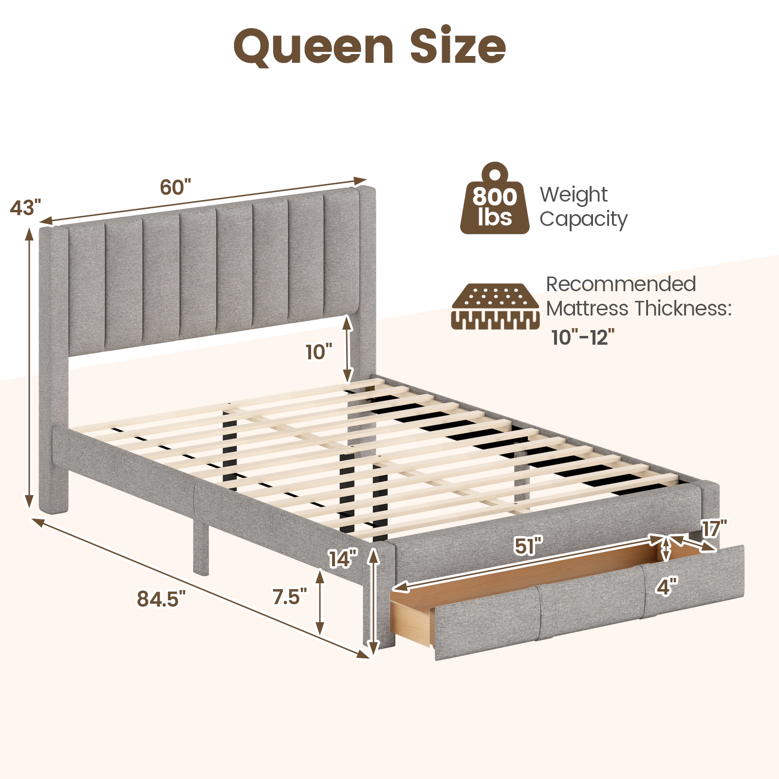 SUGIFT Upholstered Queen Bed Frame with Storage Drawer and Vertical Channel Headboard 800-lb Capacity Beige