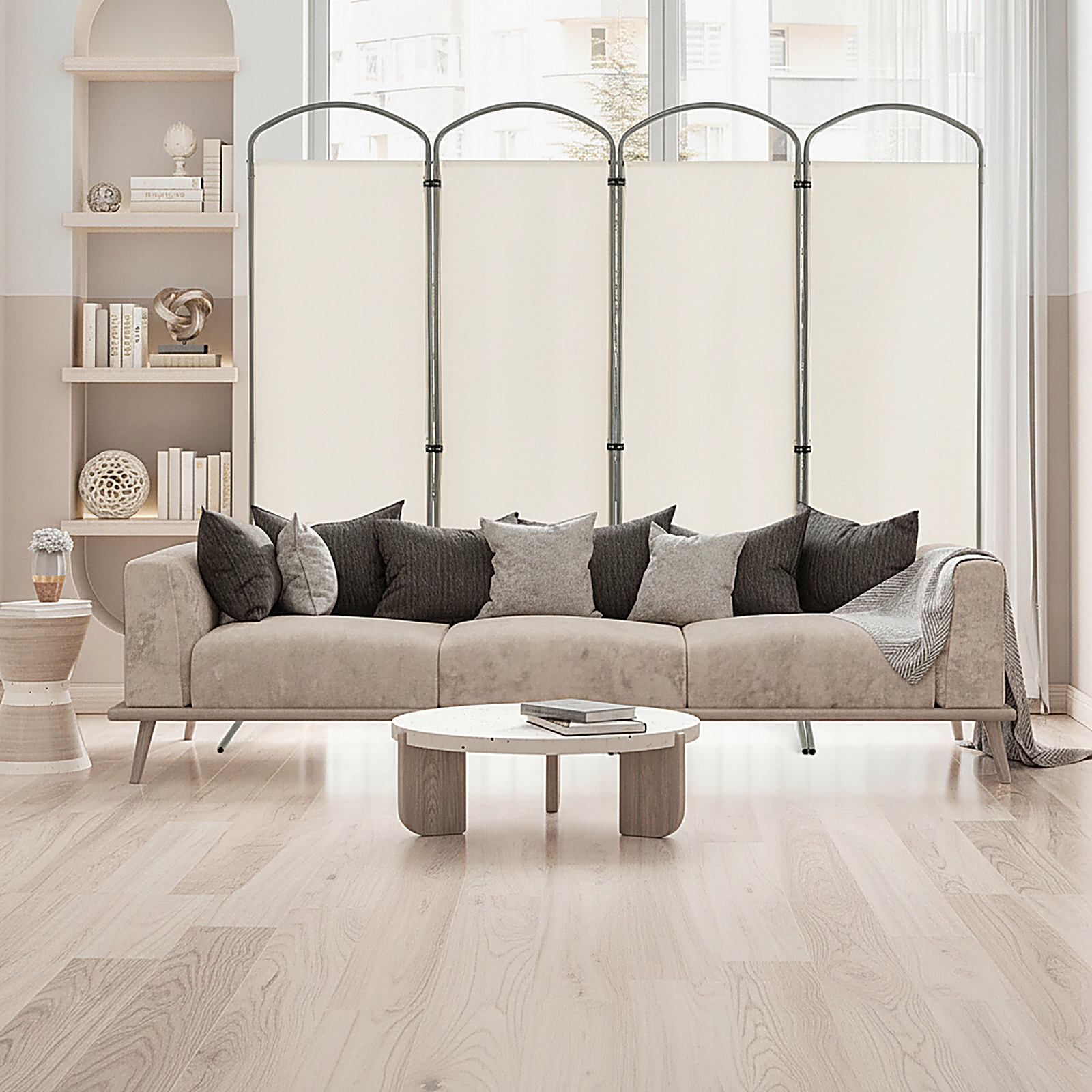 SUGIFT 6.2-ft Folding 4-Panel Polyester Room Divider with Curved Metal Base 87-in Wide 18.5-lb Net Weight White