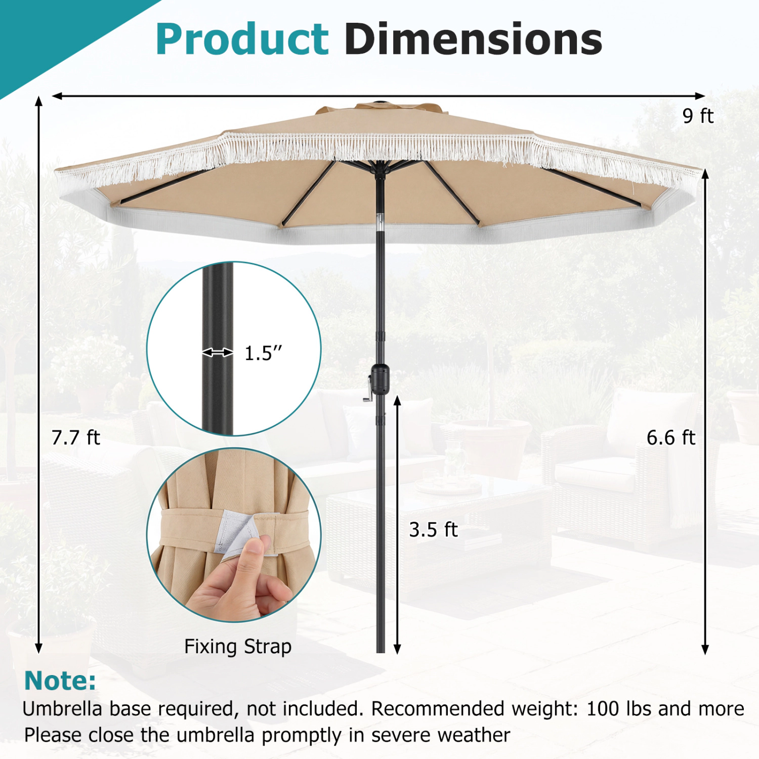 SlickBlue 9 FT Outdoor Patio Umbrella with Tilt Function and Tassel Fringe