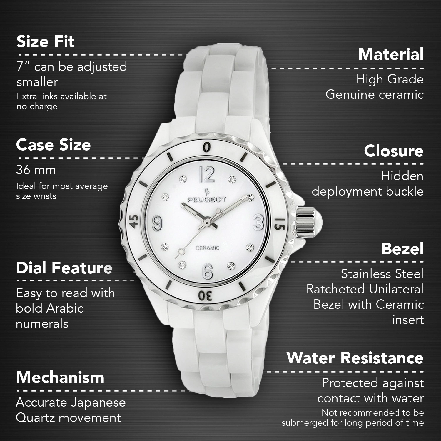 Peugeot Women's 36mm White Genuine Ceramic Watch with Sport Bezel