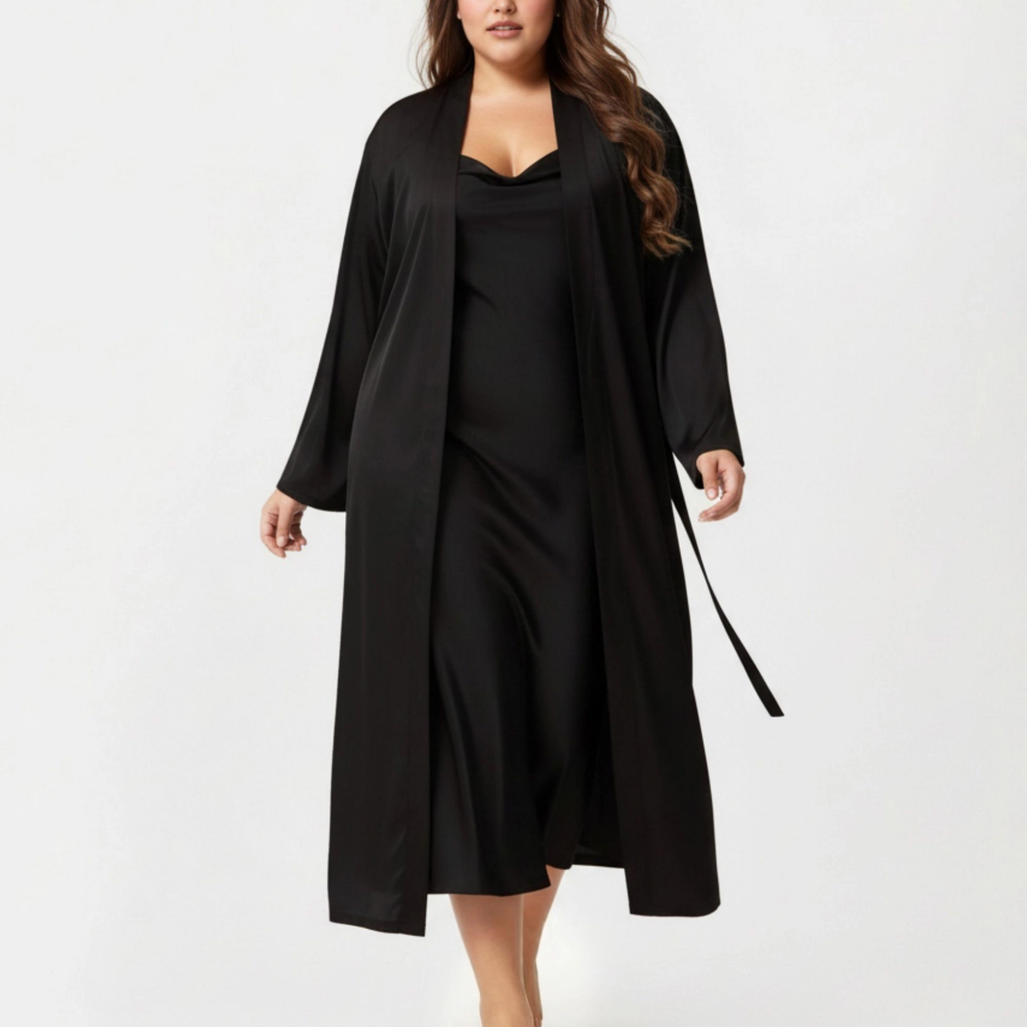 Anna-Kaci Women's Plus 2-Piece Satin Nightgown Set with Long Sleeve Open Front Robe Sleeveless Slip Dress Sleepwear