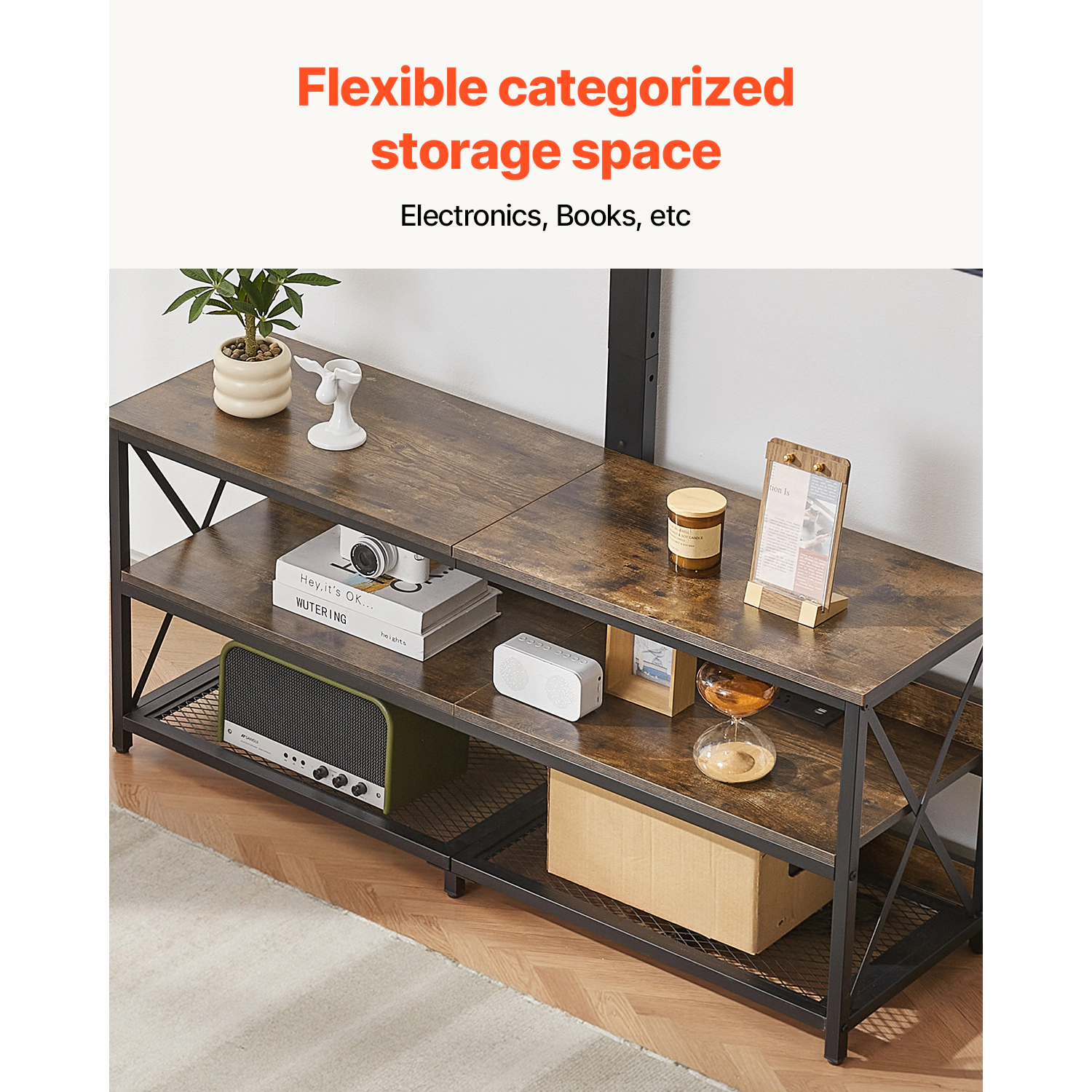 HONGGE TV Stand with Mount for up to 75 in TVs Entertainment Center with Power Outlet & LED Lights Height Adjustable TV