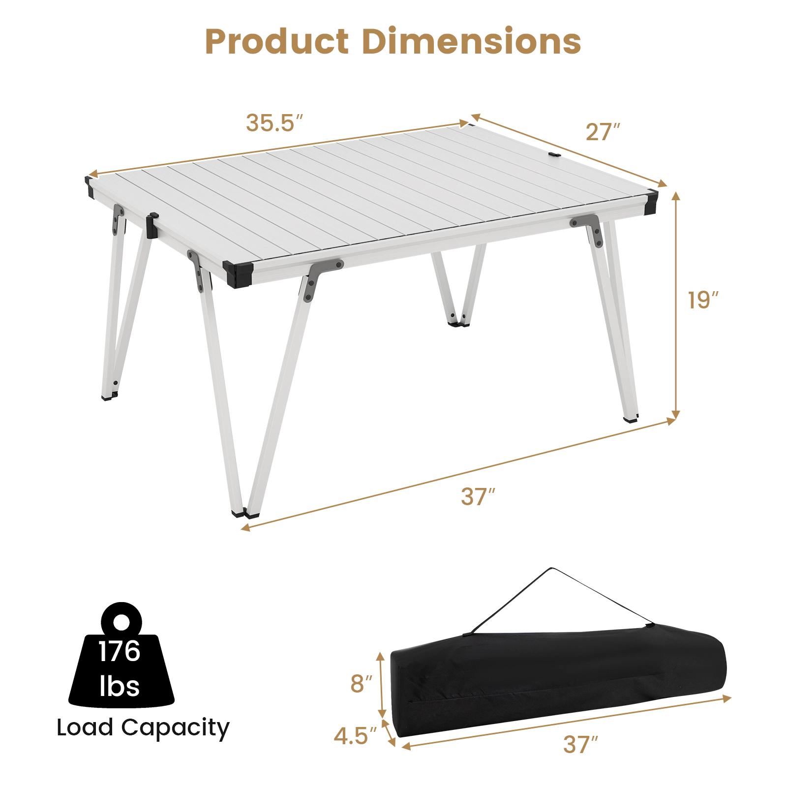 SUGIFT Silver Aluminum Folding Camping Table with Storage Bag 37-in W 27-in D 19-in H 176-lb Tabletop Capacity