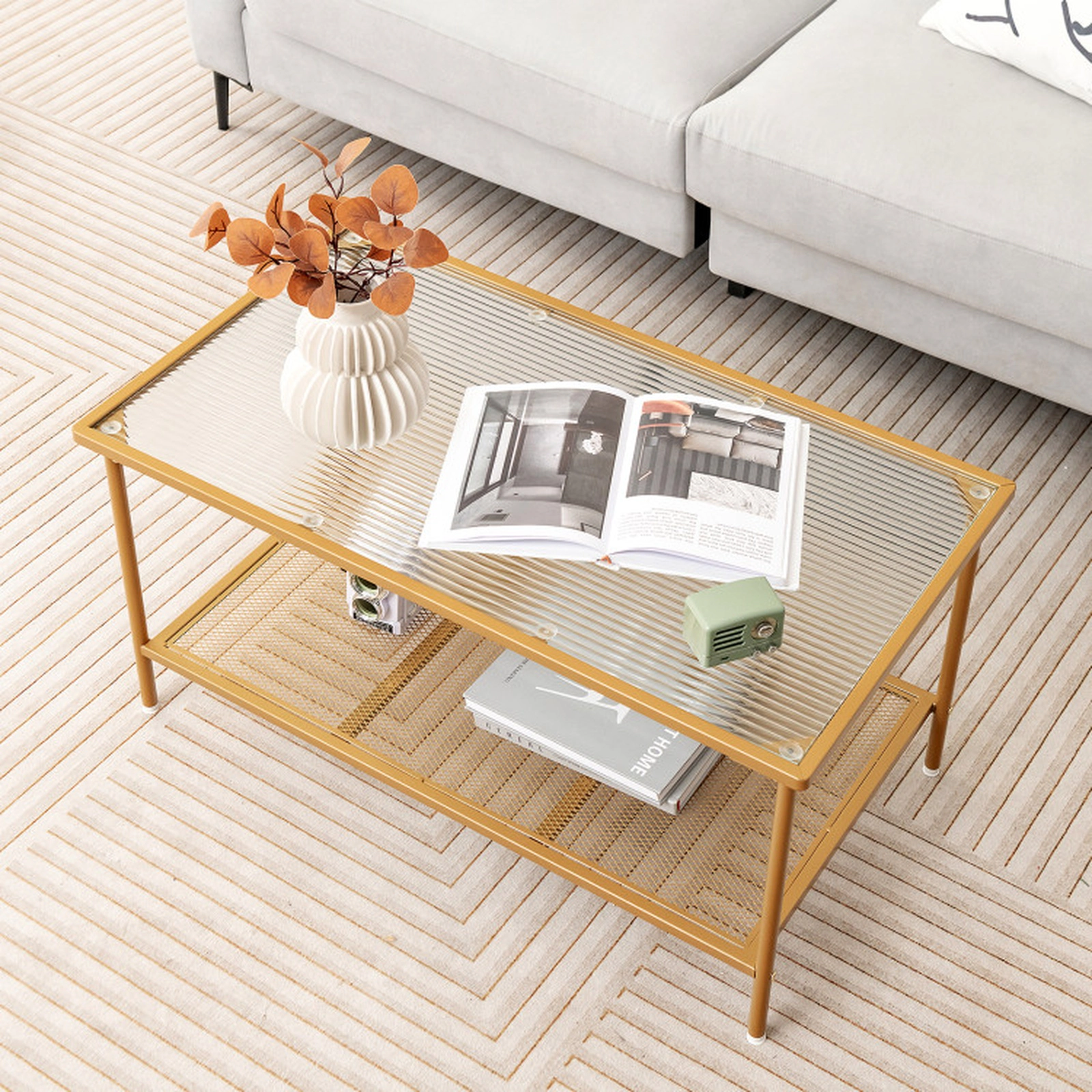 SUGIFT 2-Tier Tempered Glass Top Open Shelf Metal Frame Coffee Table 35.5-in x 20-in x 18.5-in 100-lb Capacity Gold