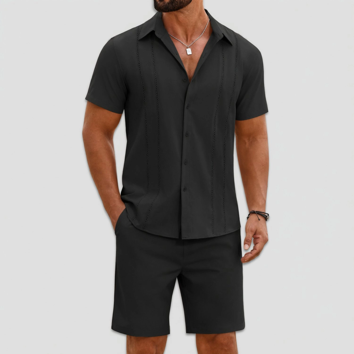 COOFANDY Mens Short Sleeve Button Down Shirts  Casual Pintuck Tops Shorts Set