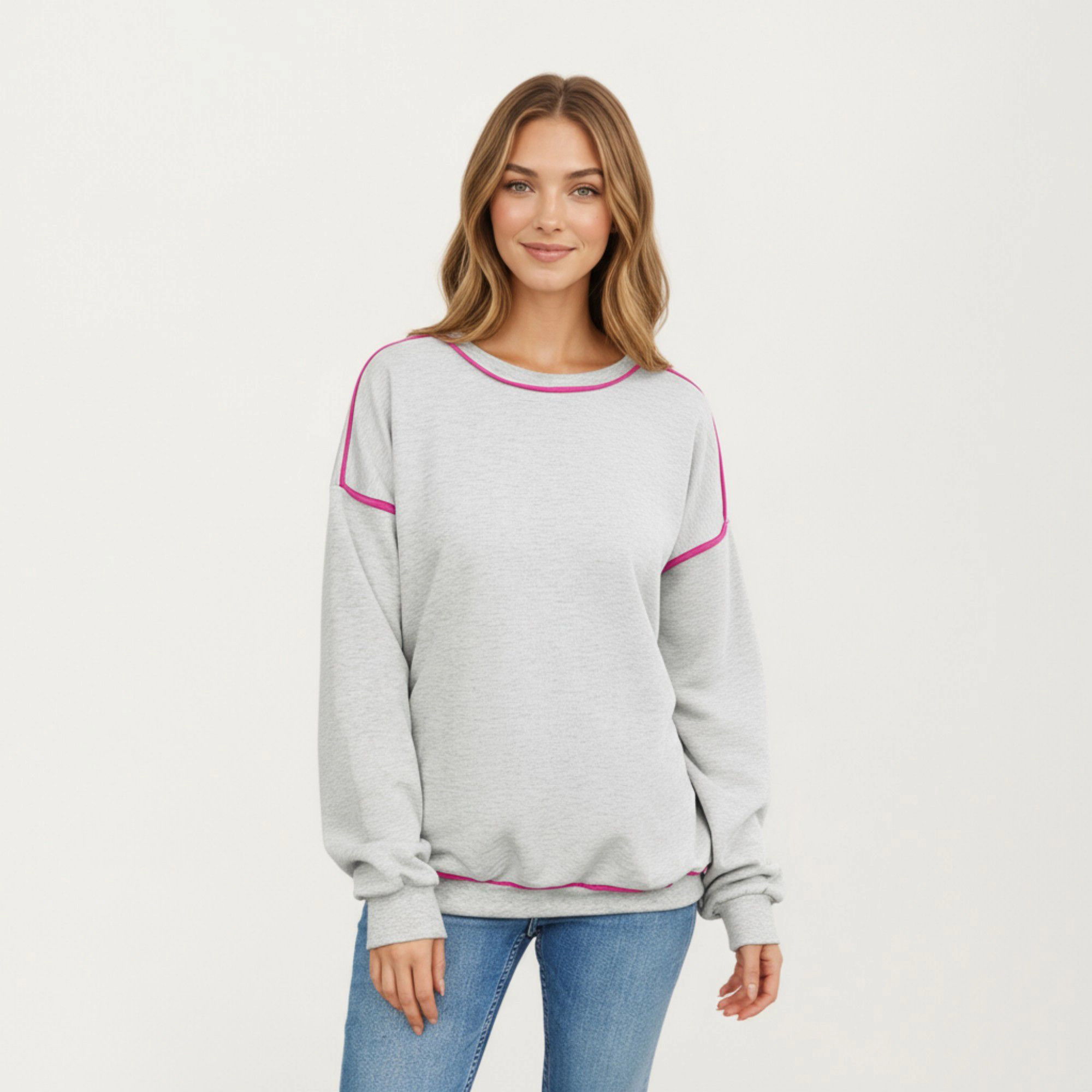 Anna-Kaci Women's Long Sleeve Crew Neck Pullover Sweatshirt with Contrast Piping Detail