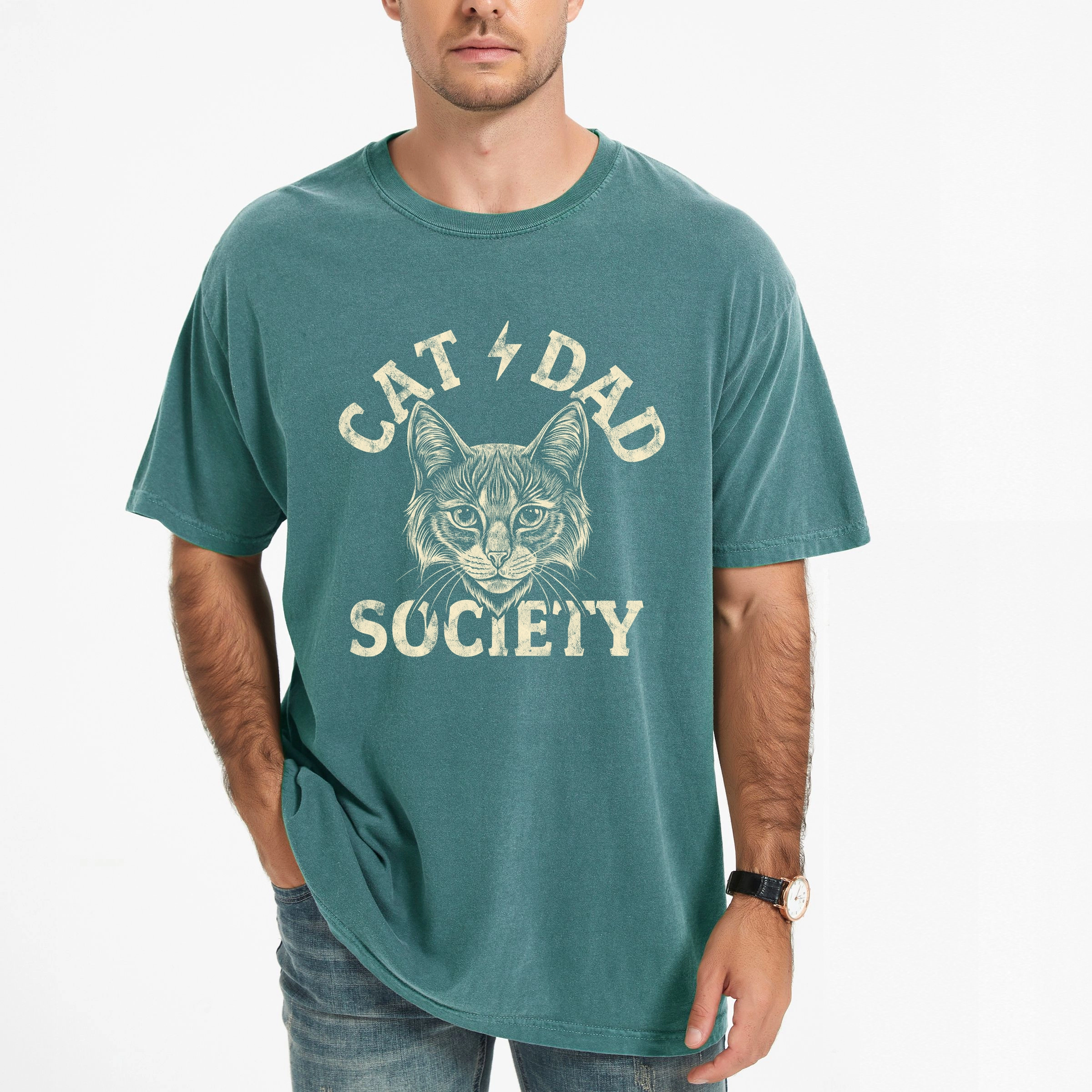Simply Sage Market - Cat Dad Society Distressed  Men's Garment Dyed Graphic T-Shirt