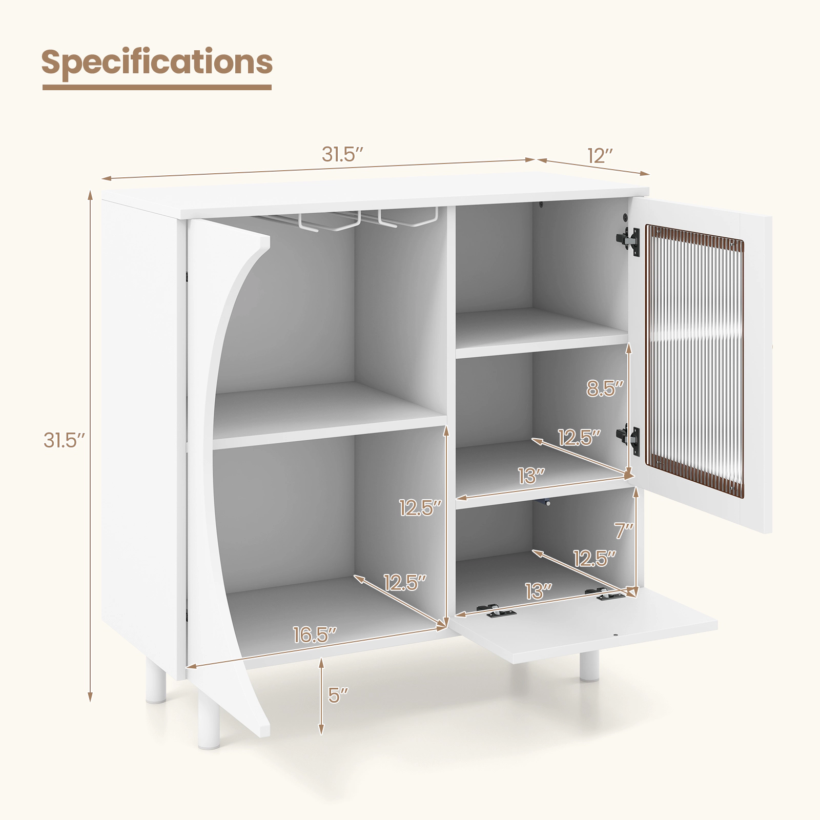 SUGIFT Stemware Rack Tempered Glass Door Flap Drawer Kitchen Sideboard 31.5-in x 12-in x 31.5-in 66-lb Capacity White
