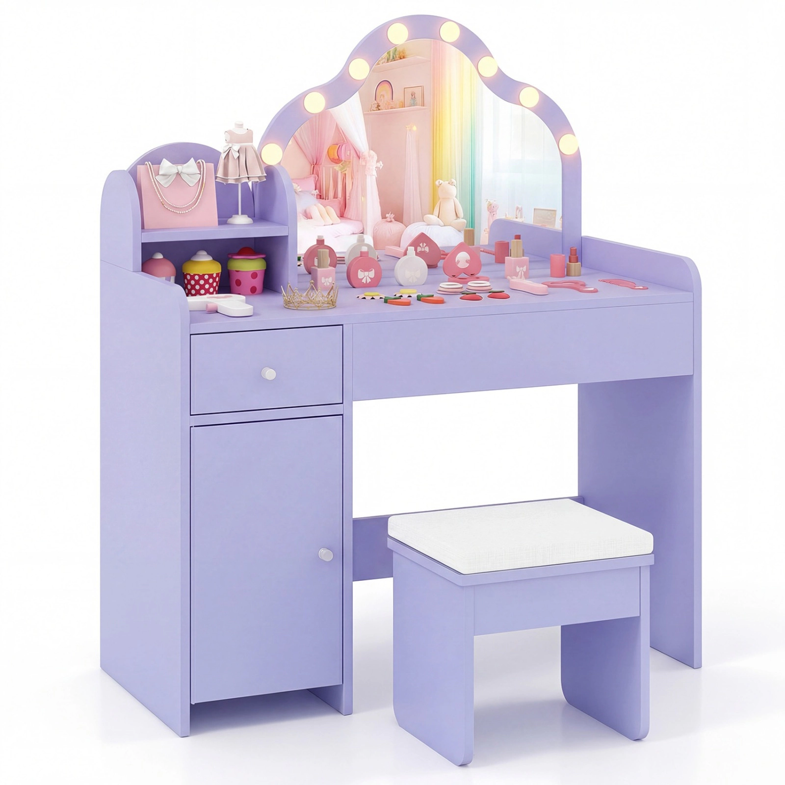 SUGIFT Kids Vanity Desk Lighted Acrylic Mirror & Storage 44-lb Tabletop Capacity Ages 3+ Pink/Purple/White 2-Piece Set
