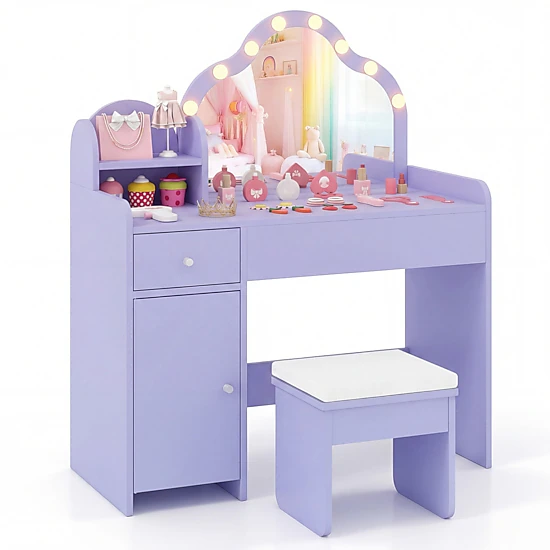 SUGIFT Kids Vanity Desk Lighted Acrylic Mirror & Storage 44-lb Tabletop Capacity Ages 3+ Pink/Purple/White 2-Piece Set