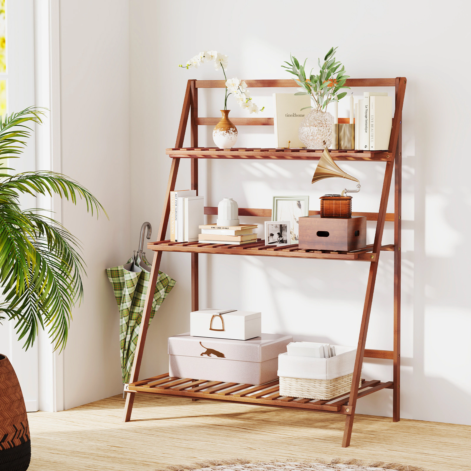 LJG 3-Tier Bamboo Ladder Shelf Foldable Plant Flower Bookshelf