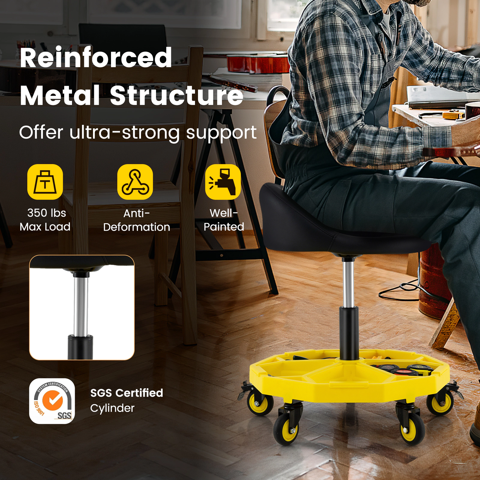 SUGIFT 20-in to 25-in Adjustable 5 Wheels 5-Section Tool Tray Rolling Garage Stool 15-in Seat 350-lb Capacity Yellow