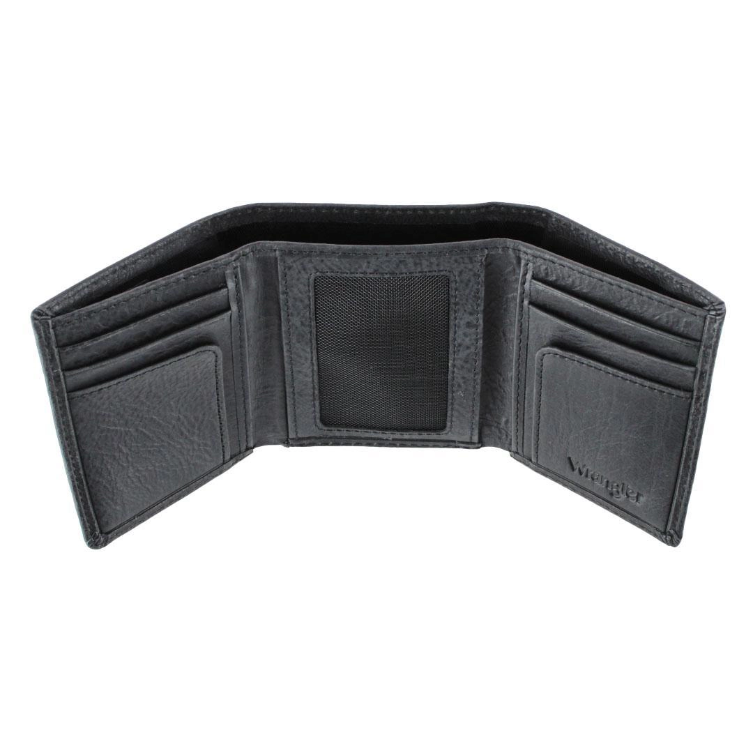 Wrangler Men's Pebble Grain Leather Trifold Wallet with Metal Logo