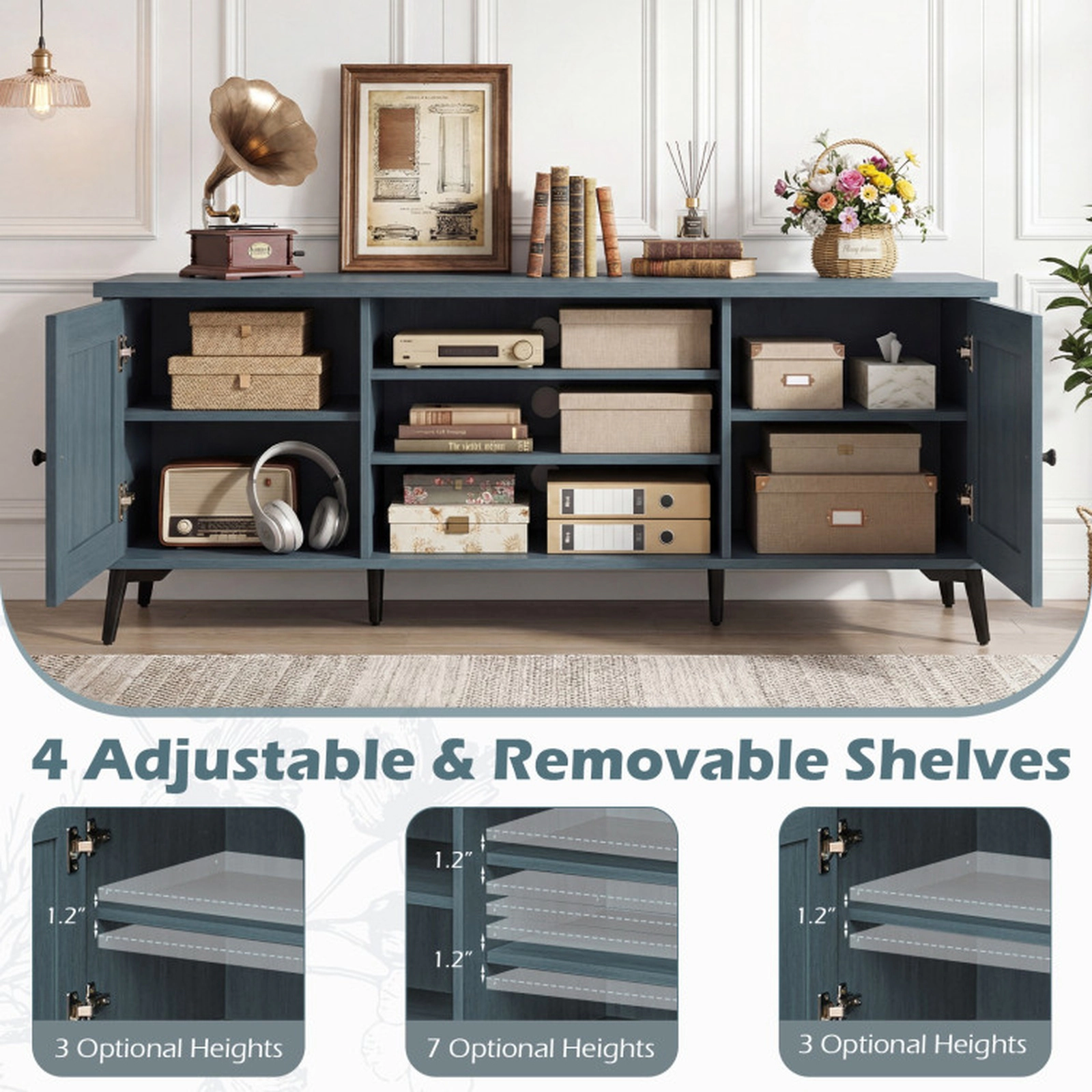 SUGIFT 2-Door Mid Century TV Stand for TVs up to 65 Inch with Adjustable Storage 176-lb Tabletop Turquoise/Brown