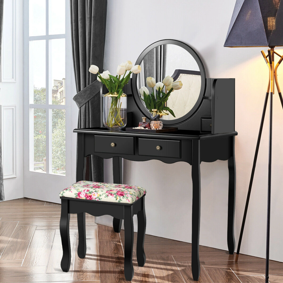 Hivvago Makeup Vanity Table Set Girls Dressing Table With Drawers Oval Mirror