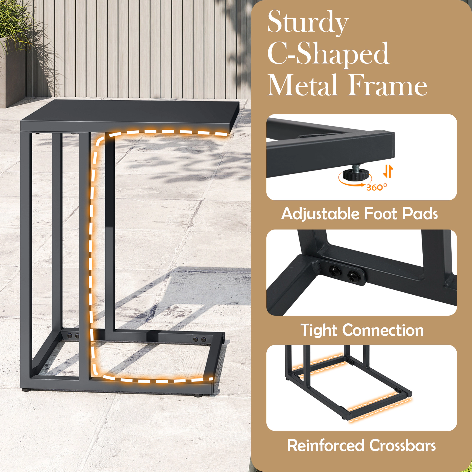 SUGIFT C Shaped Metal Reinforced Frame Adjustable Feet Space Saving Side Table In Dark Gray