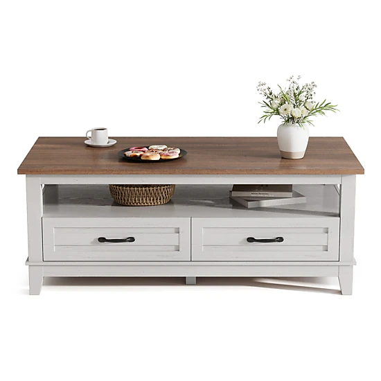 BebreezChic Modern Farmhouse 47 Inch 3 Tier Wooden Living Room Coffee Table with Drawers and Shelf