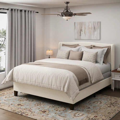 Flynama King Bed Frame with 49" Tall Teddy Velvet Headboard, 12-Slat Support, Beige