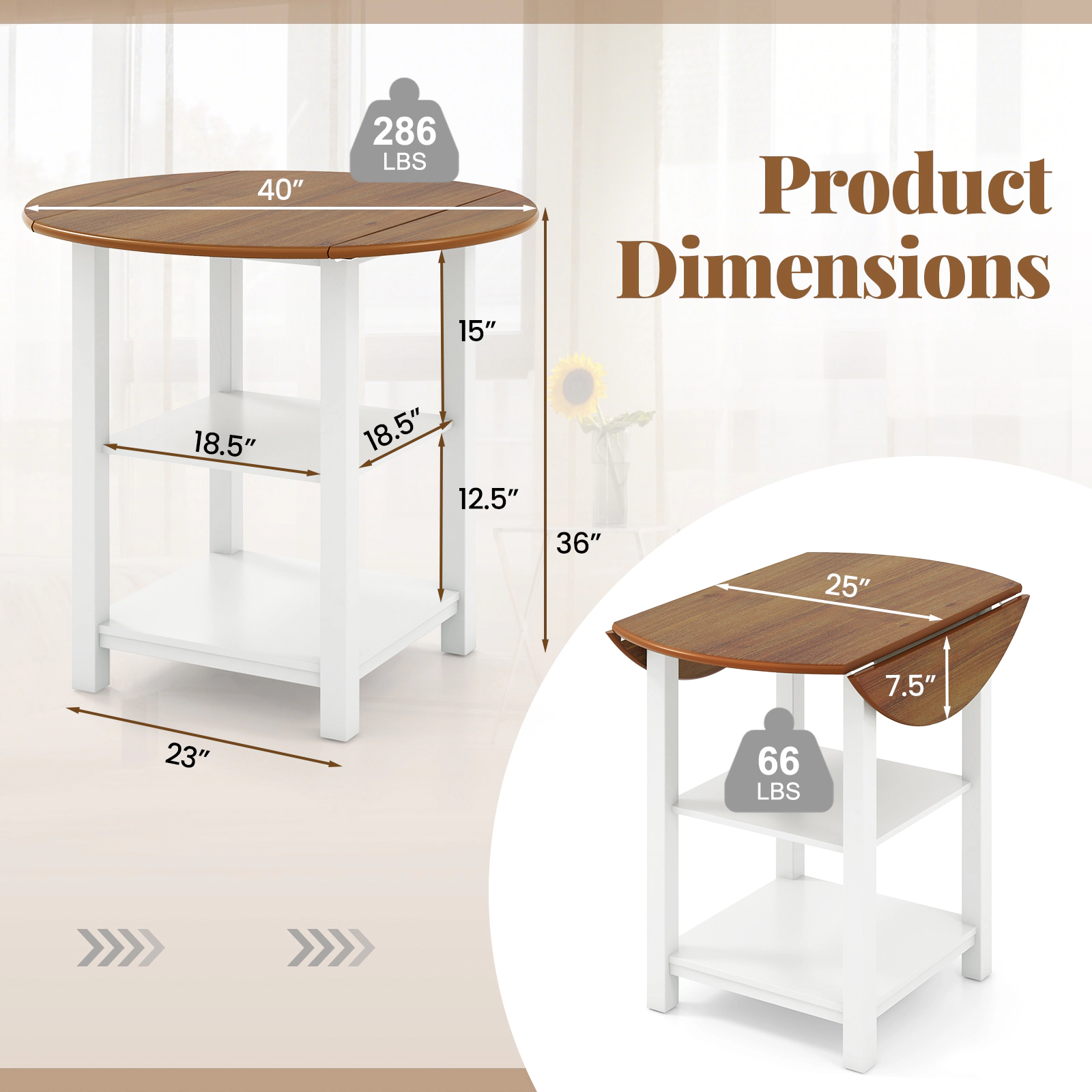LJG Folding Round Dining Table Drop Leaf Table with 2 Shelves for Small Spaces