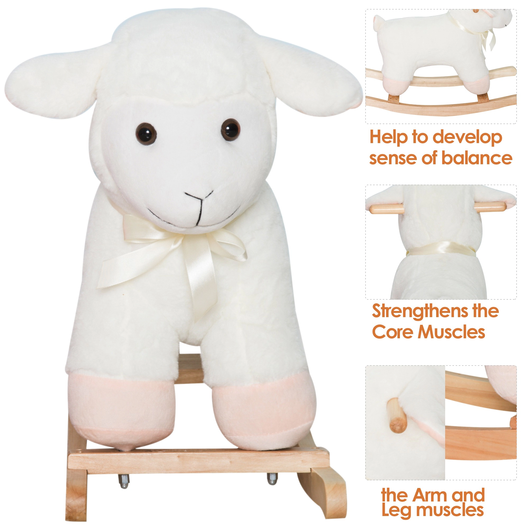 HONGGE White Plush Lamb Rocking Horse Ride-On Toy with Wooden Base for Toddlers 18 Months and Up