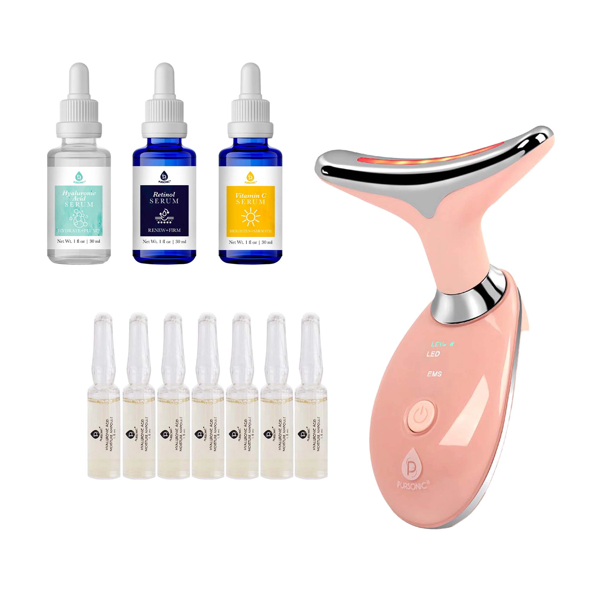 Pursonic Women's Radiant Skin Rejuvenation Bundle: LED Beauty Device, Anti-Aging Serum & Hyaluronic Ampoule Set