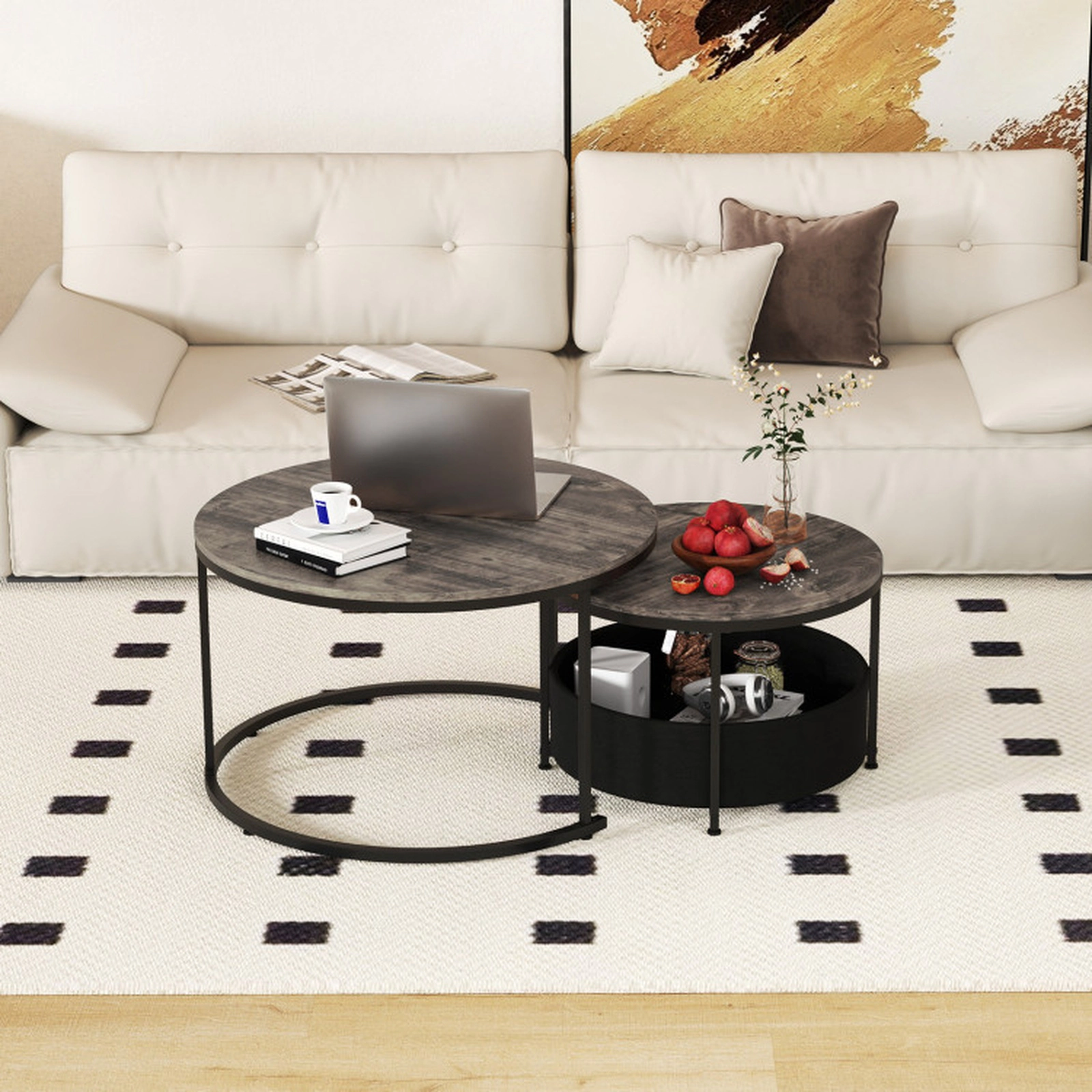 SUGIFT Round Nesting Coffee Table Set of 2 with Dual Tabletops Fabric Storage Basket 110-lb and 66-lb Capacity Gray