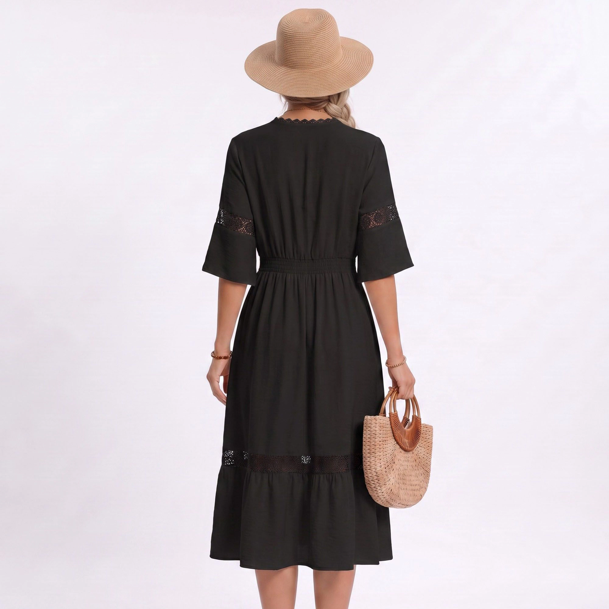 Anna-Kaci Women's V-Neck Lace Trim Bell Sleeve Midi Dress