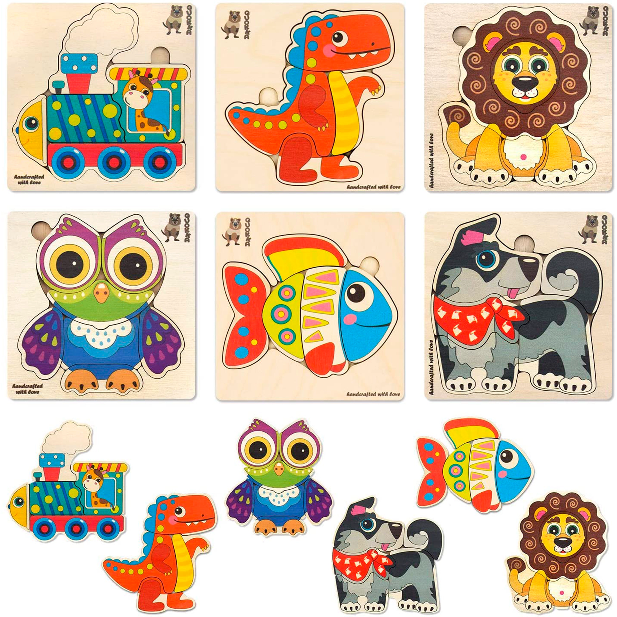 QUOKKA Wooden Puzzle Set for Toddlers Ages 1–3, 6 Large Boards with Animal & Everyday Themes