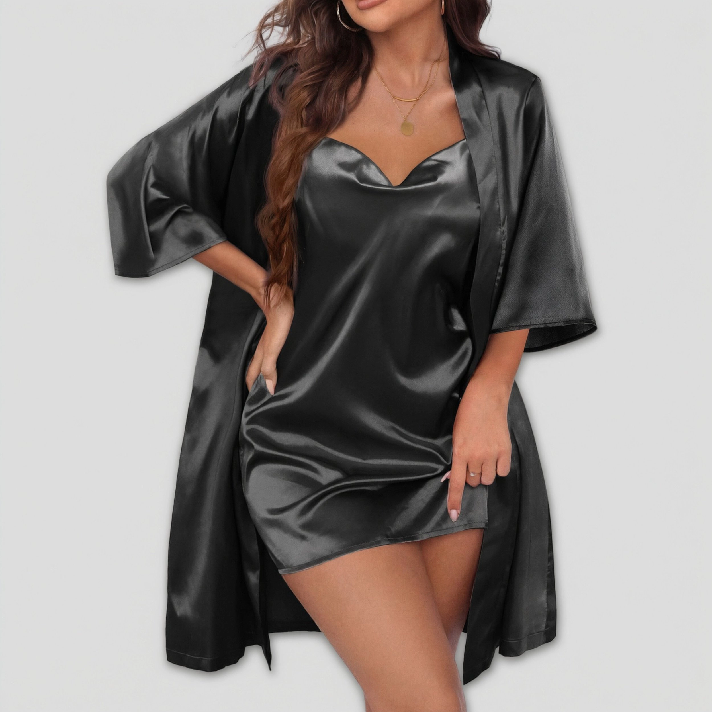Ekouaer Women's Satin Robe Set Nightgown with Robes Silk Pajama 2 Pieces Lingerie Cowl Neck