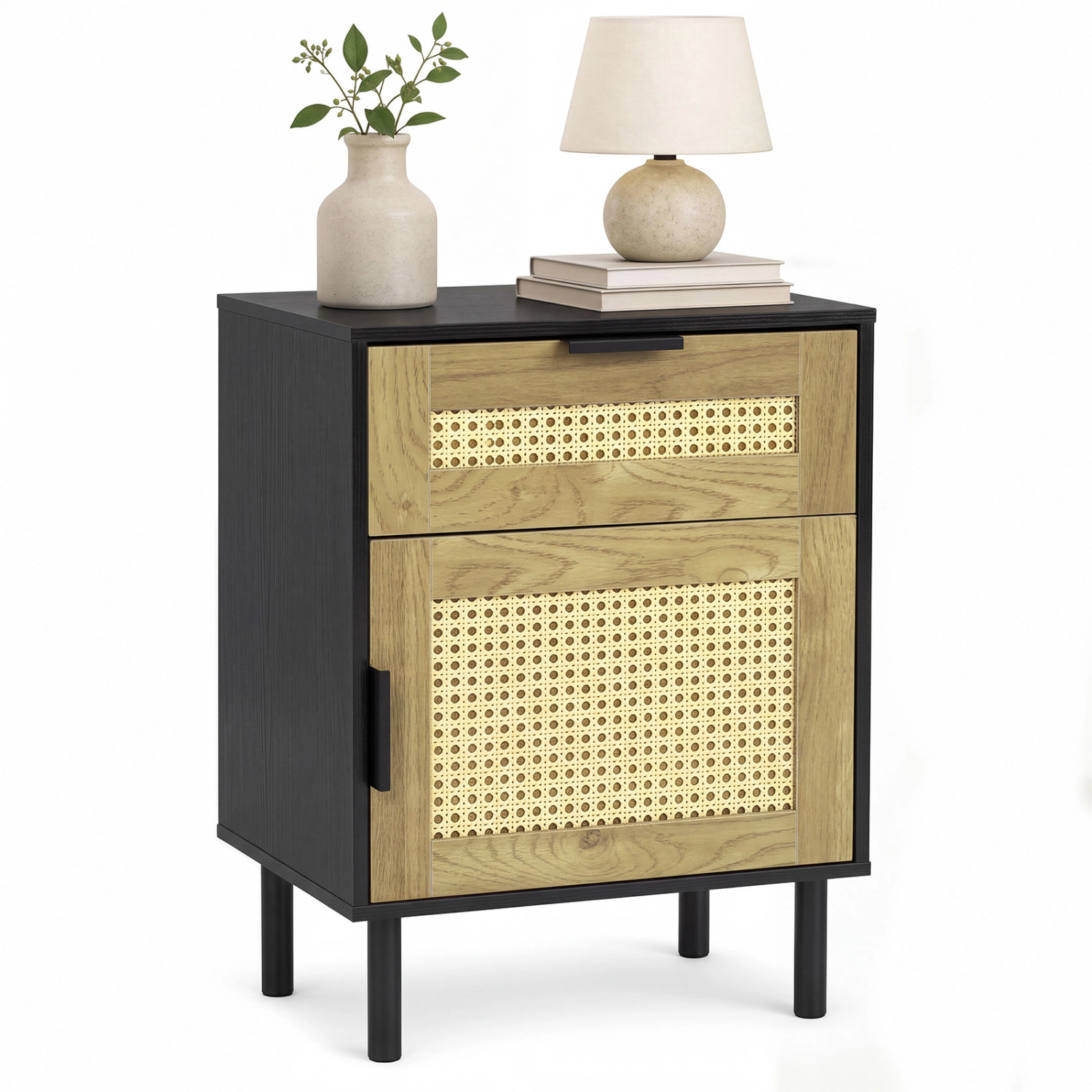 LJG Rattan Nightstand with Drawer and Storage Cabinet for Bedroom Dorm