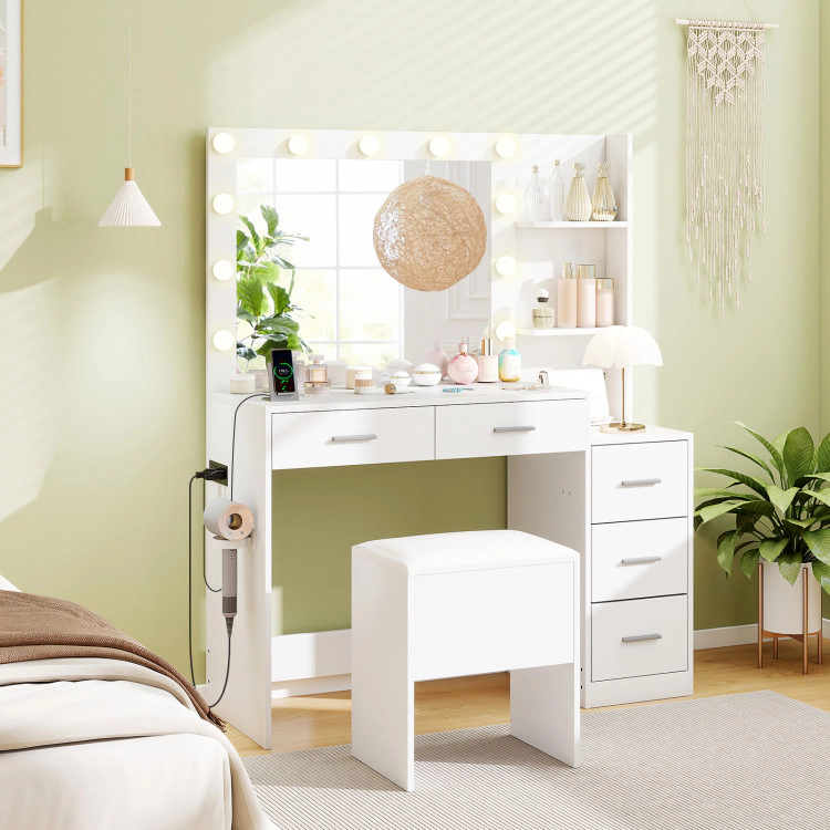 Hivvago Makeup Table And Stool Set With Hair Dryer Stand-White