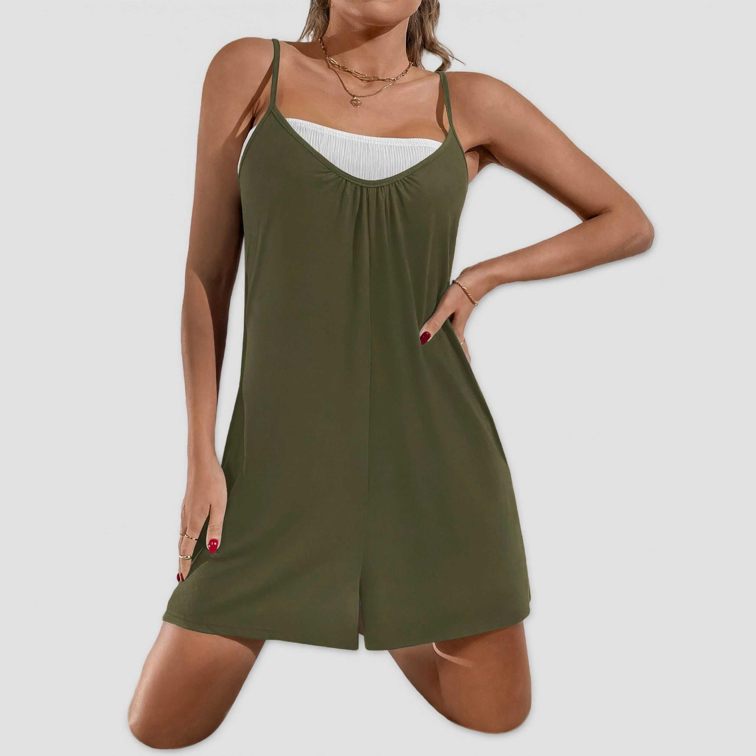 Ekouaer Women's V Neck Spaghetti Strap Split Hem Slip Night Dress