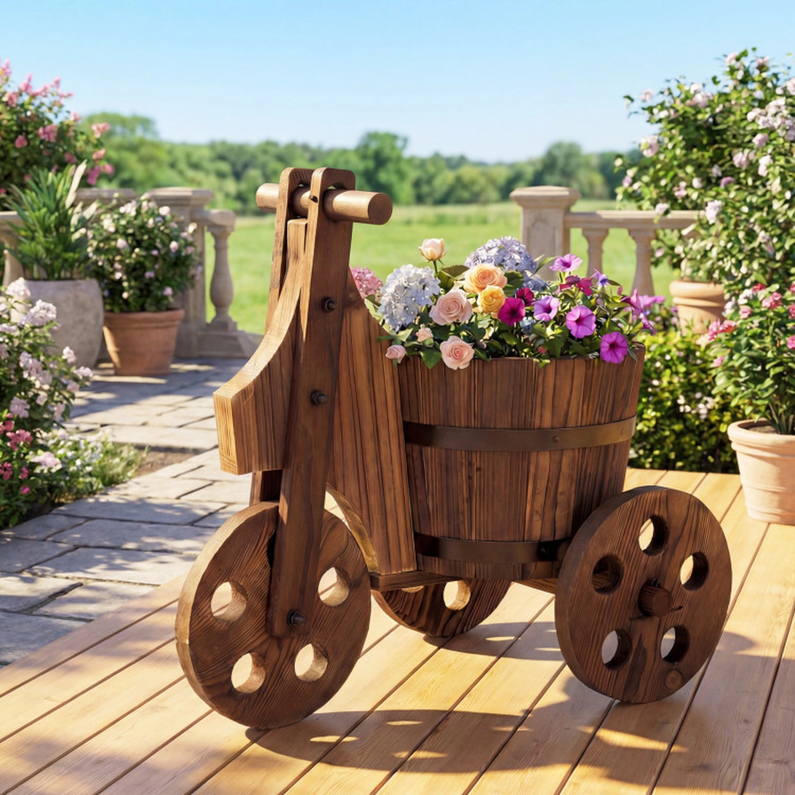 SUGIFT Coffee Wood Tricycle Barrel Planter with Drainage Hole 17.5-in W 12.5-in D 17-in H 11-lb Barrel Capacity
