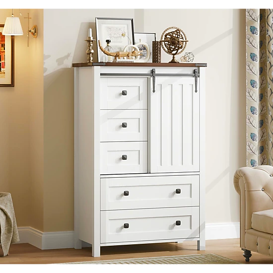 BebreezChic Farmhouse 5-Drawer Dresser for Bedroom, Wood Chest with Sliding Barn Door, Adjustable Shelf