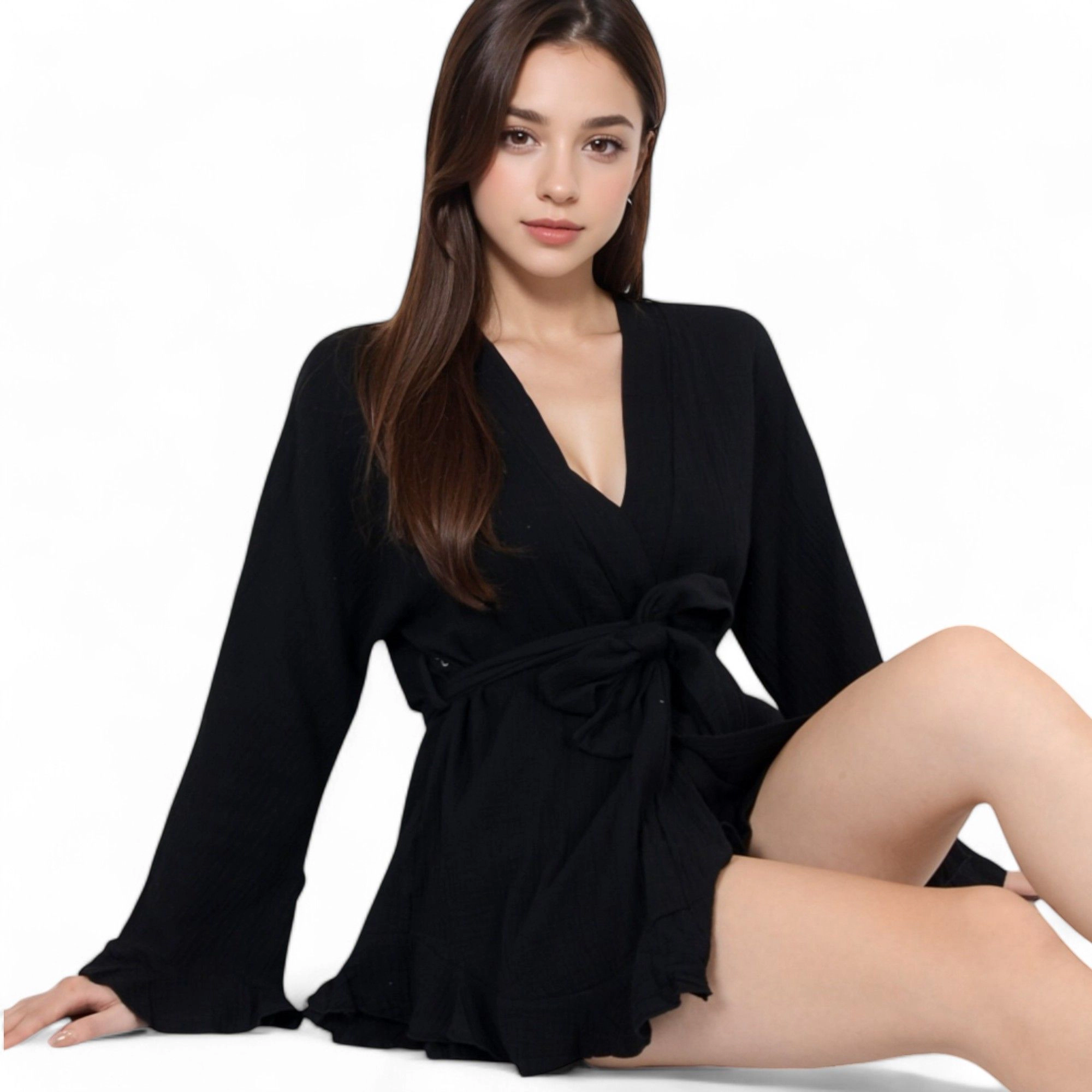 Anna-Kaci Women's Wrap Tie Front Night Robe and Ruffle Shorts 2-Piece