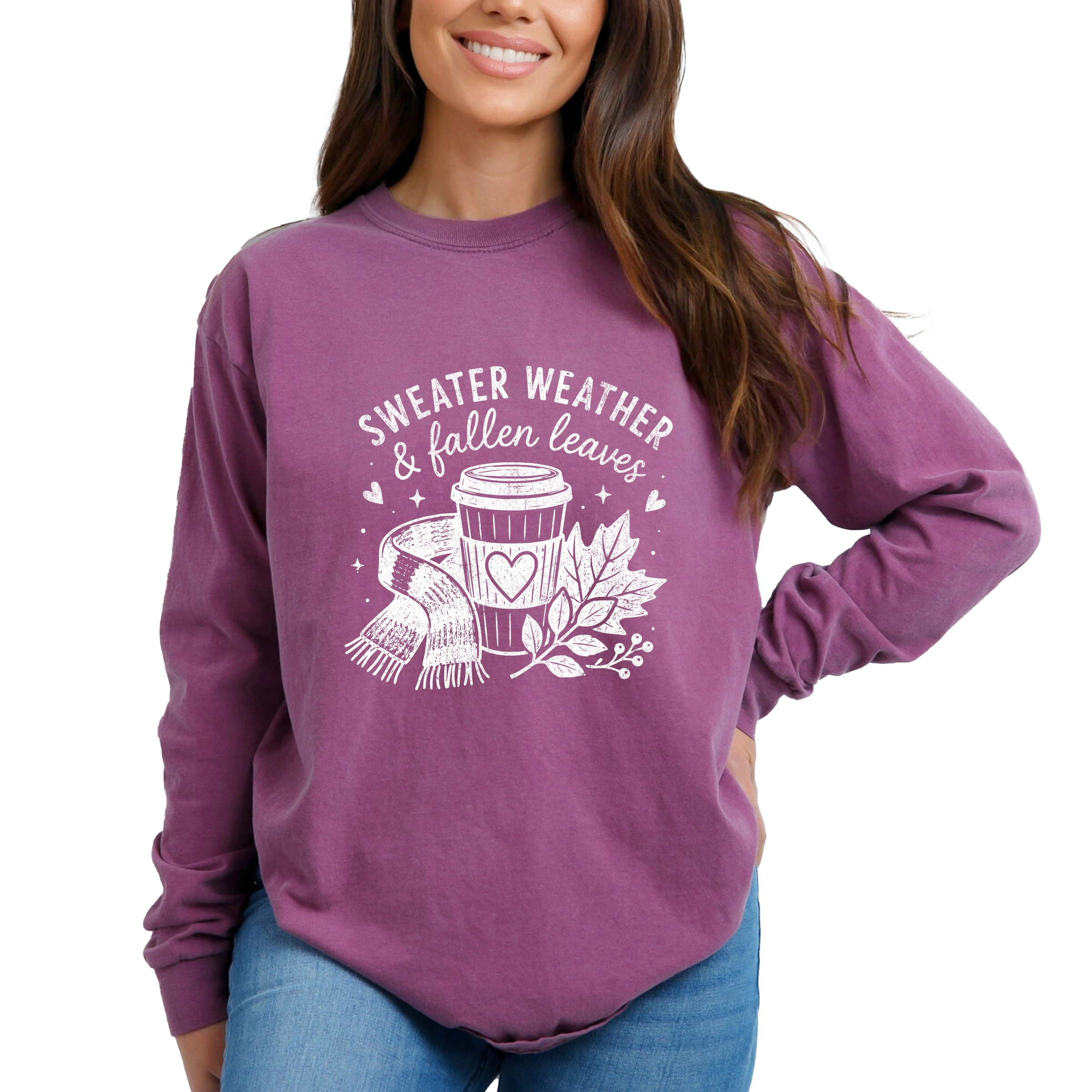 Simply Sage Market - Women's Garment Dyed Long Sleeve Graphic T-Shirt Sweater Weather and Fallen Leaves