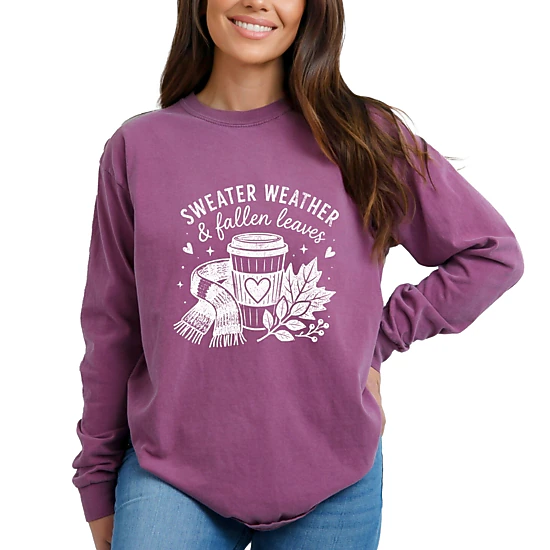 Simply Sage Market - Women's Garment Dyed Long Sleeve Graphic T-Shirt - Sweater Weather and Fallen Leaves
