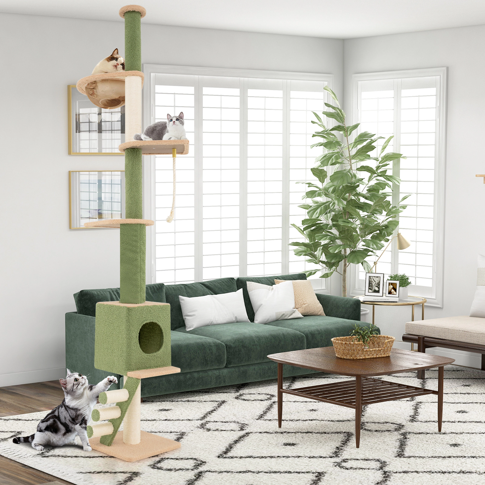 SUGIFT Floor to Ceiling Cat Tree Green Adjustable 86-99.5 in with Space Capsule and Condo