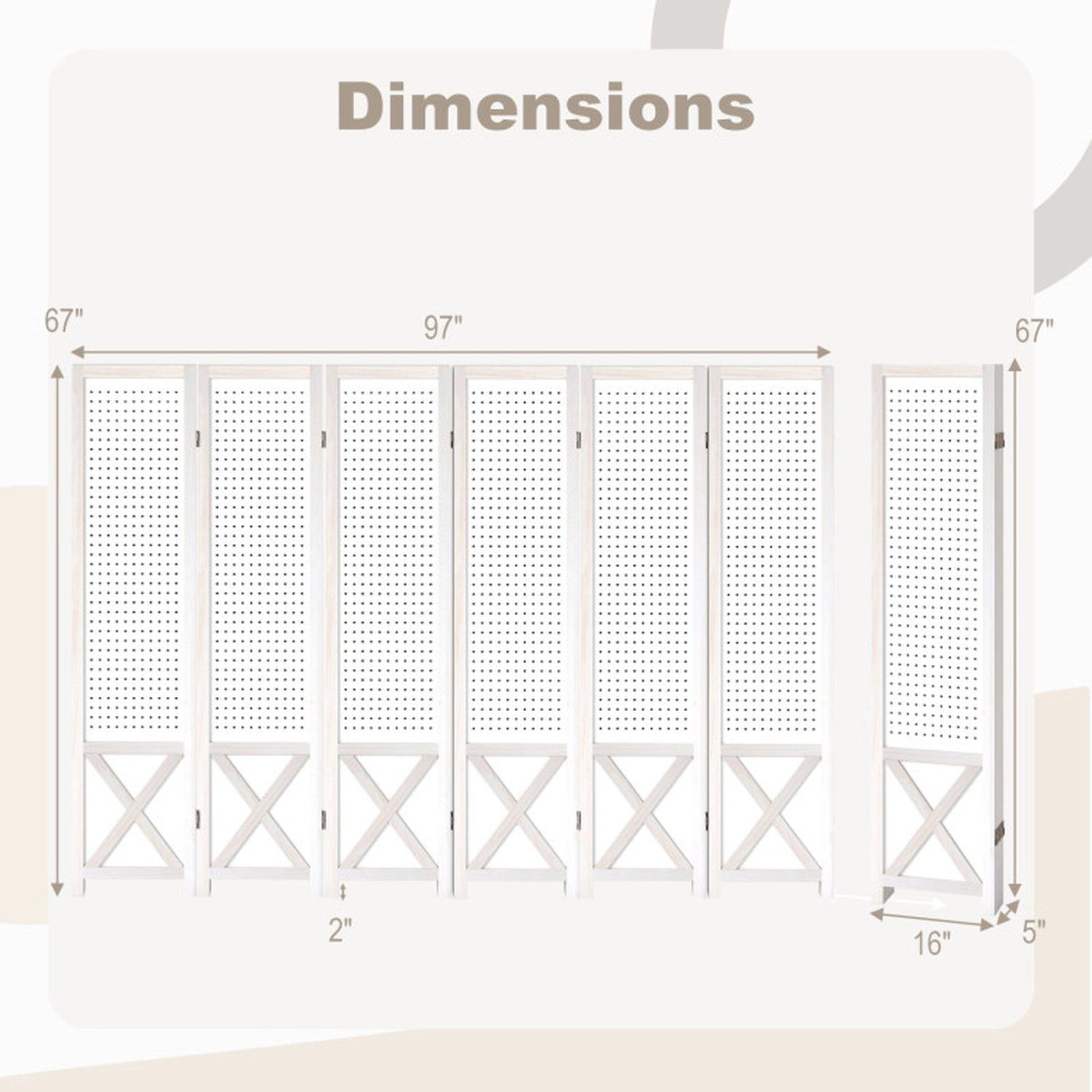 SUGIFT 6-Panel Pegboard Paulownia Wood Foldable Privacy Screen Room Divider 97-in x 67-in 16-in Folded 39-lb White