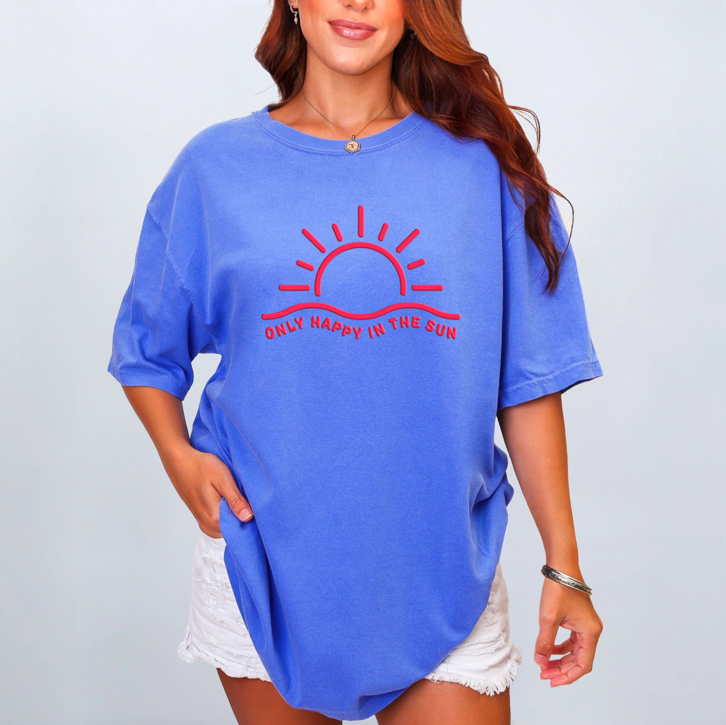 Simply Sage Market - Only Happy The Sun Puff Print Women's Garment Dyed Graphic T-Shirt