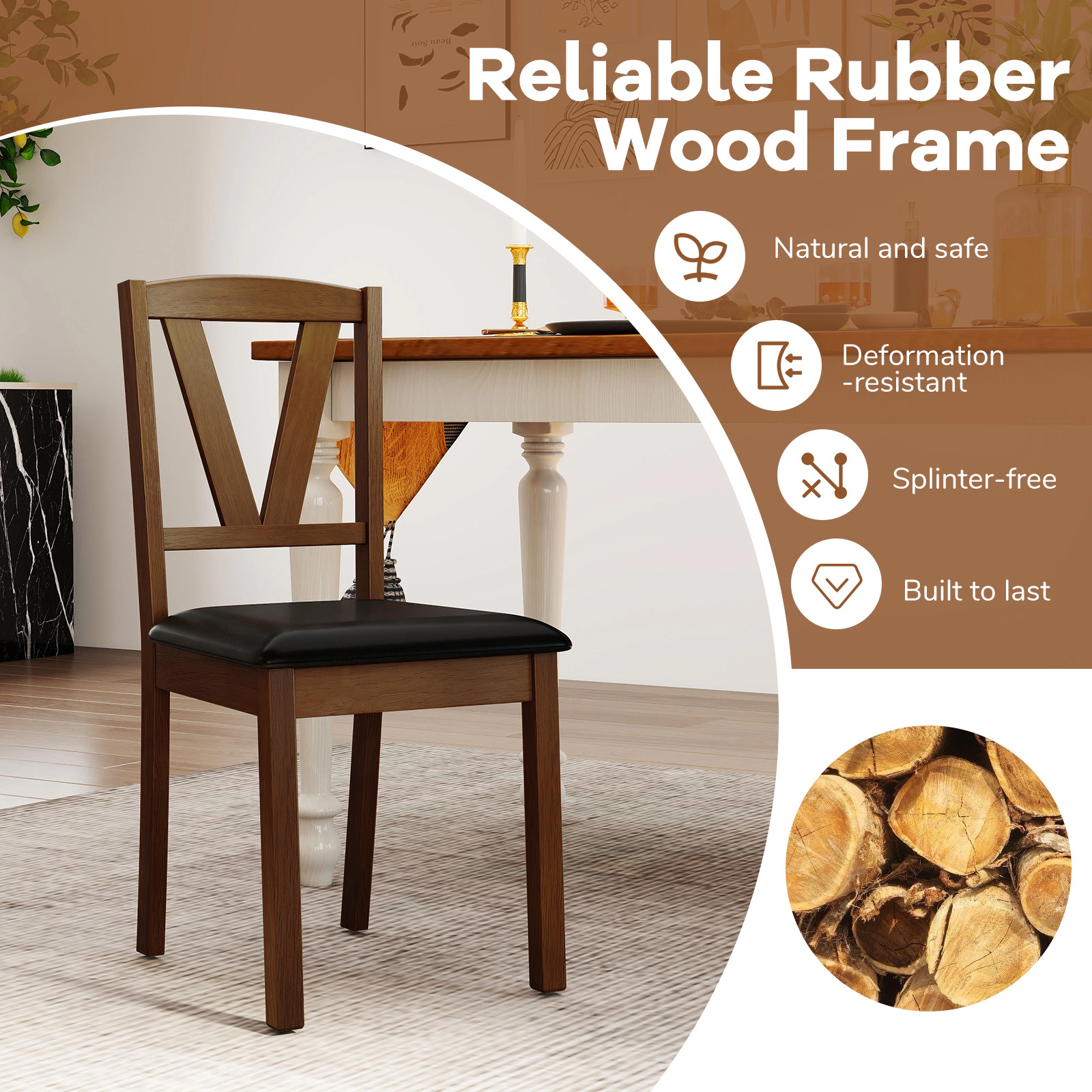 LJG Wooden Dining Chair Set of 2 with PU Leather Upholstered and Rubber Wood Frame
