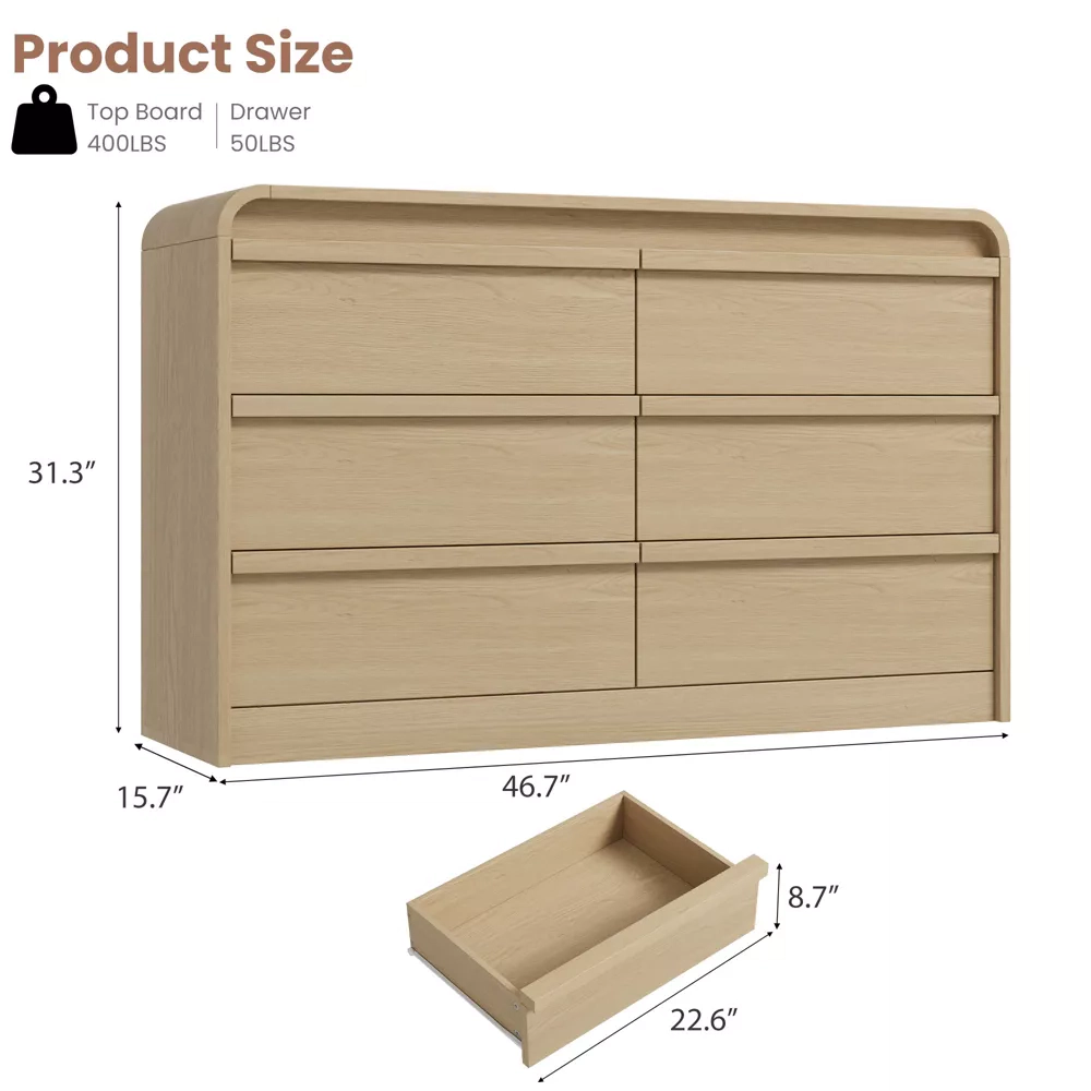 Arched 6 Drawer White Dresser, Modern Wood Storage Chest with Curved Design