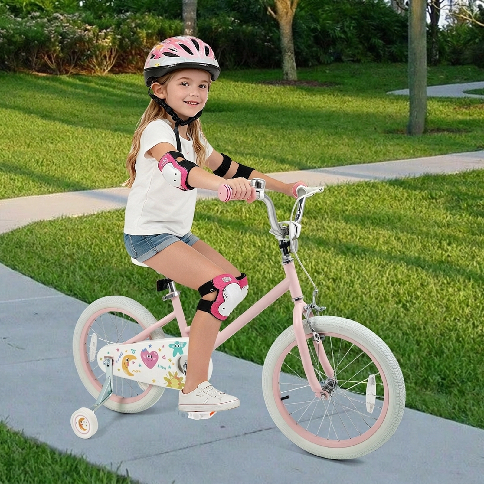 18-in Girls Bike Kickstand 2 Removable Training Wheels Dual Brake 132-lb Seat Capacity Kids Ages 4-8 Pink Stars/Moon