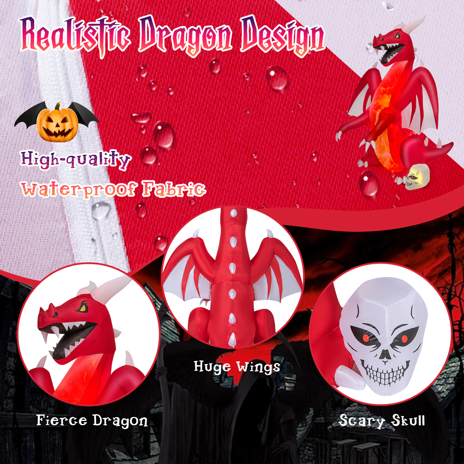 LJG 8 Feet Halloween Inflatables Blow-up Red Dragon with Wings Skull
