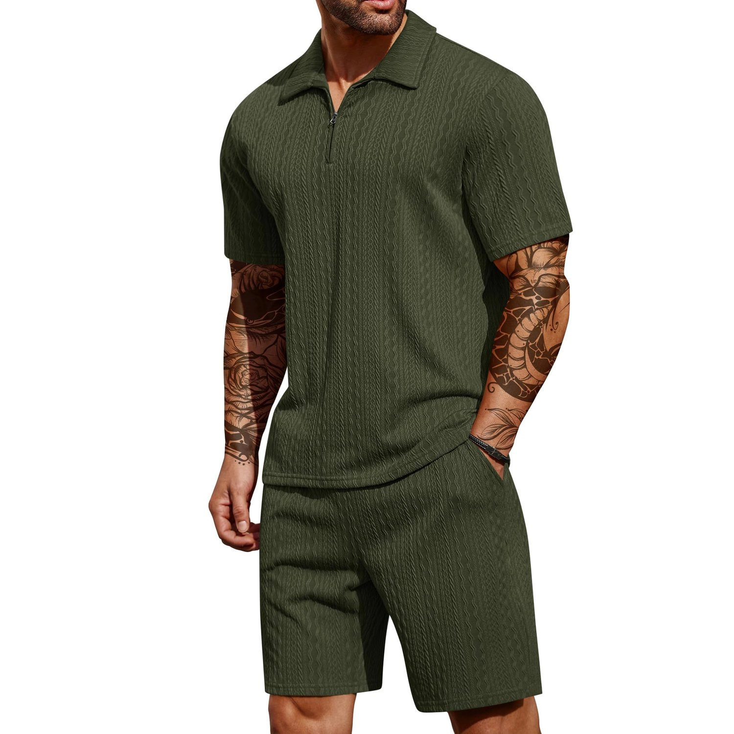COOFANDY Mens Quarter Zip Polo Shirt Shorts Set Textured Short Sleeve Casual Outfit